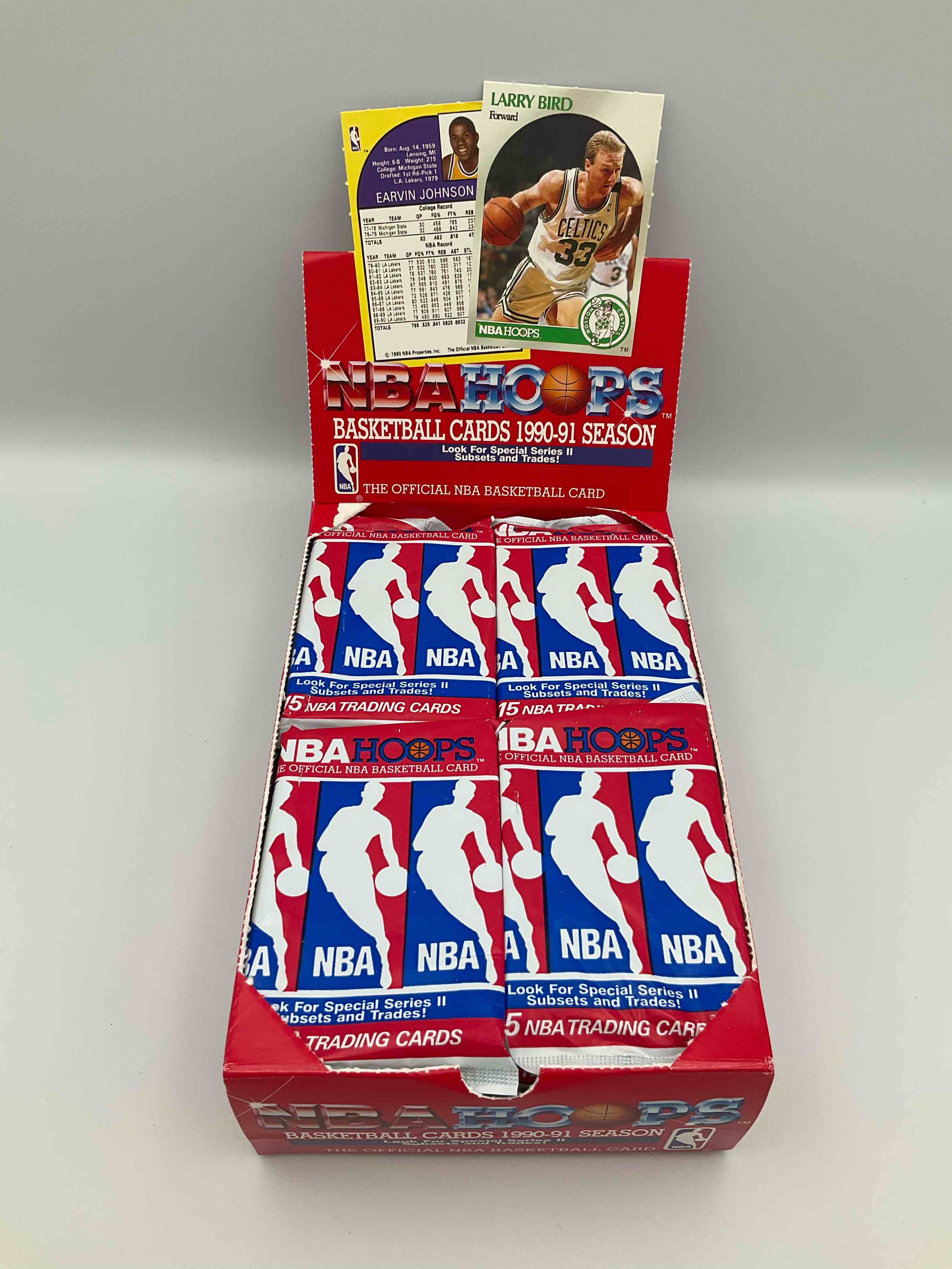 Condition photo showing New/Like New for michael jordan!? 1990/91 nba hoops unopened sealed trading collectible sports card pack, direct from original sealed retail case! search for early michael jordan #65 (psa 10 value $550), jordan all star card, & too many other nice cards to list!