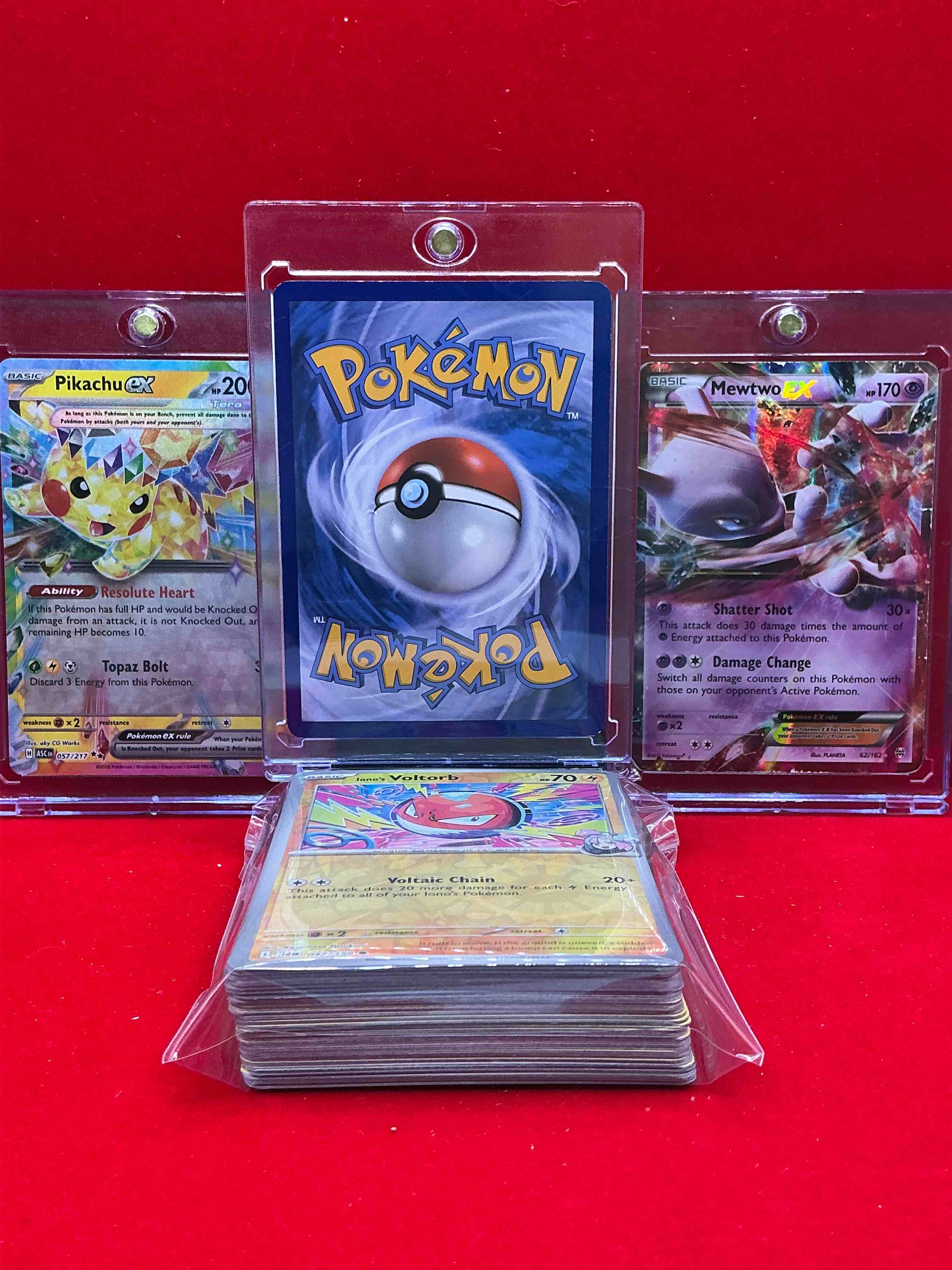 Condition photo showing New/Like New for charizard ex, mewtwo ex & pikachu ex! wow! along with 50 other pokémon heroes, holos, legends & commons- including holographic cards, cool holos & more! includes non holo common/ uncommon basic & first stage cards & could even include trainers & energy too! perfect set for collectors & enthusiasts!