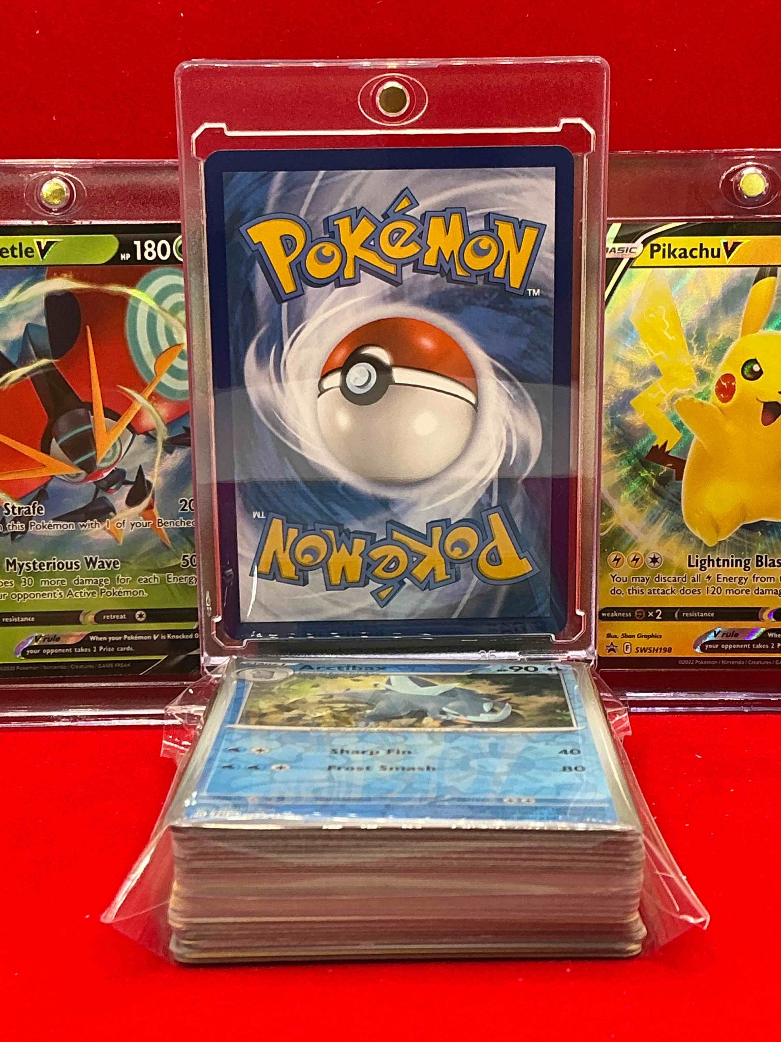 Condition photo showing New/Like New for lucario v, pikachu v & more! pokémon palooza! along with 50 other pokémon heroes, holos, legends & commons- including holographic cards, cool holos & more! includes  non holo common/ uncommon basic & first stage cards & could even include trainers & energy too! perfect set for collectors & enthusiasts!