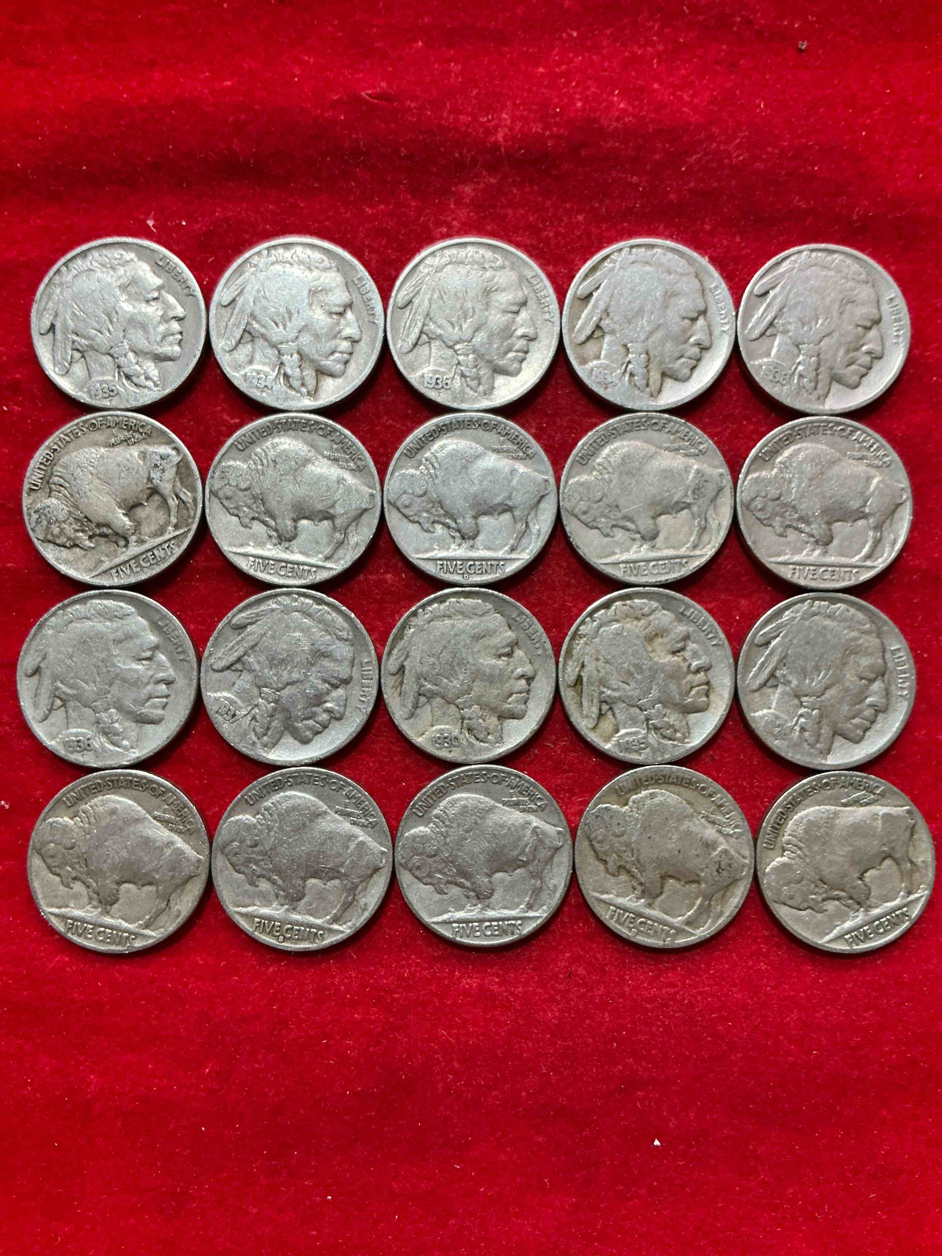 Condition photo showing Good Condition for historic buffalo nickels! indian head buffalo nickels were minted from 1913 to 1938 & have become a favorite for coin collectors around the world! own pieces of american history with these cool indian head buffalo nickels in circulated condition, some with visible dates is very rare for buffalo nickels!