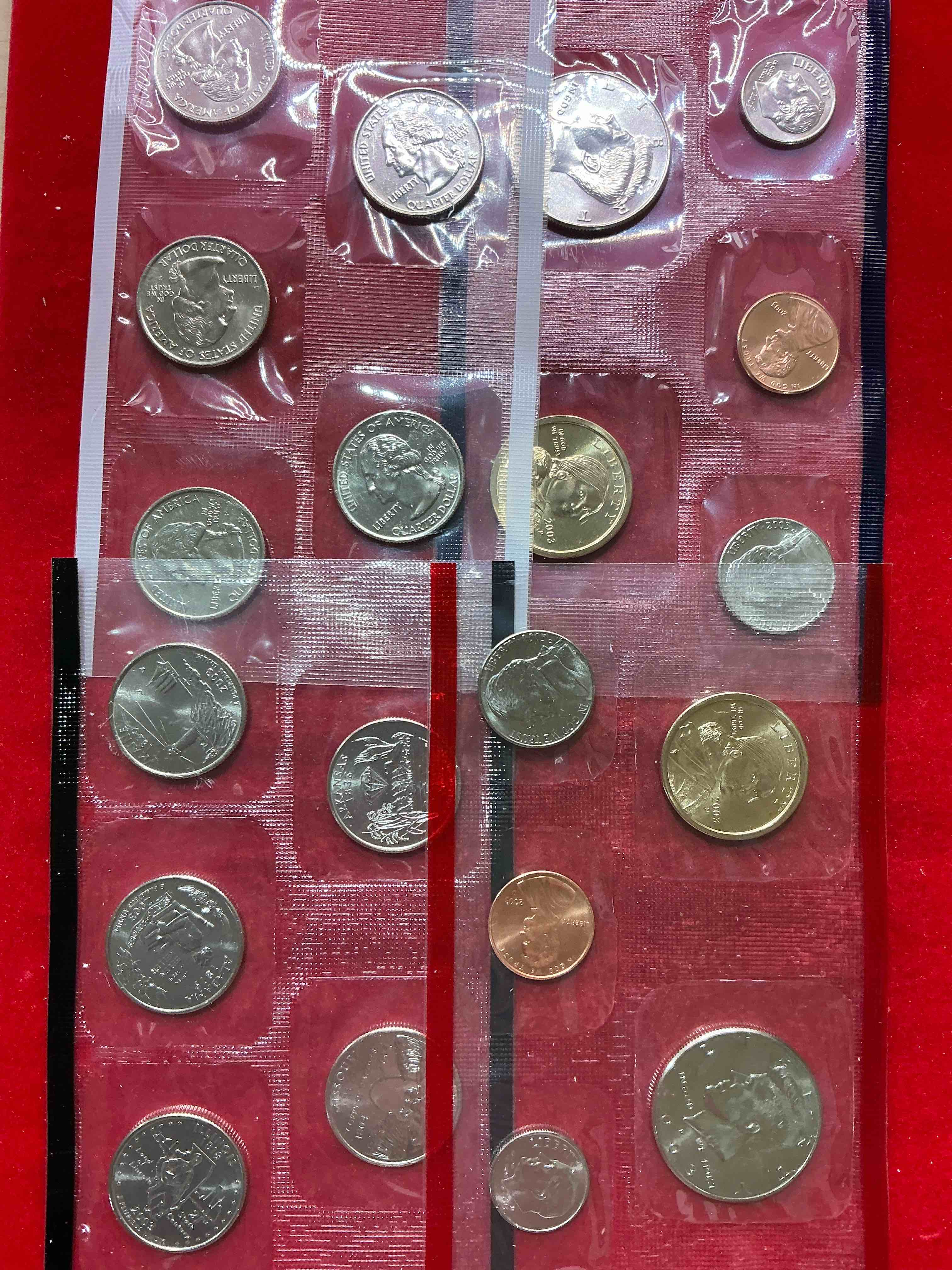 Condition photo showing New/Like New for 2003 uncirculated mint coins! 20 coin mint coins with state quarters! half dollars, quarters, nickels, dimes & pennies! 20 coin uncirculated mint coins!