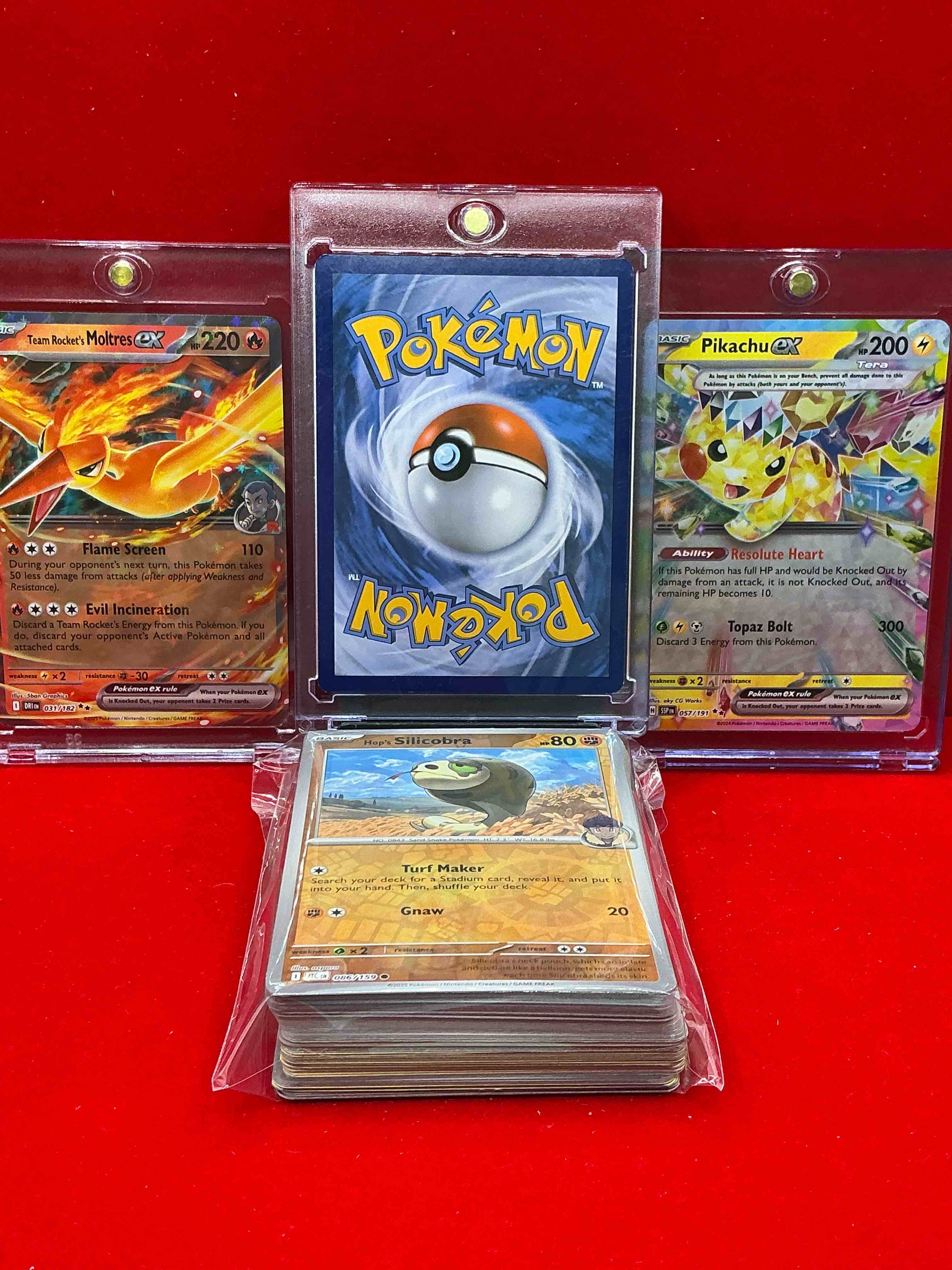 Condition photo showing New/Like New for charizard ex, moltres ex, pikachu ex & more! along with 50 other pokémon heroes, holos, legends & commons- including holographic cards, cool holos & more! includes  non holo common/ uncommon basic & first stage cards & could even include trainers & energy too! perfect set for collectors & enthusiasts!