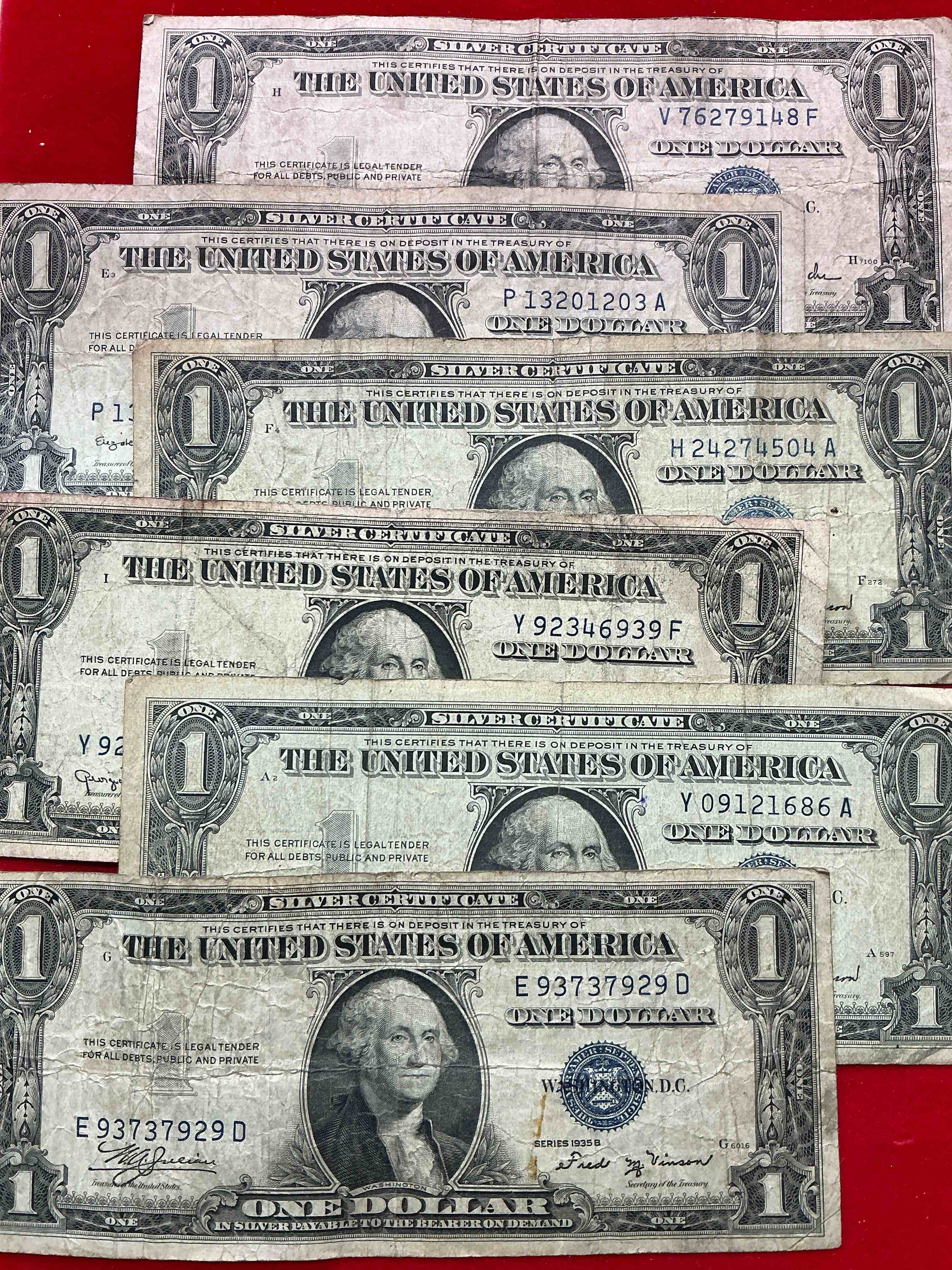 Condition photo showing Good Condition for 1957 & 1935 series silver certificates! did you know that prior to 1964 one dollar u.s. paper money was actually redeemable for silver dollars?! wow how times have changed! silver certificates were produced from 1878 to 1964 & are still considered legal tender at face value. here are gorgeous, circulated 1957 u.s. one dollar silver certificate, with highly collectible "blue seal!* own an awesome piece of history!