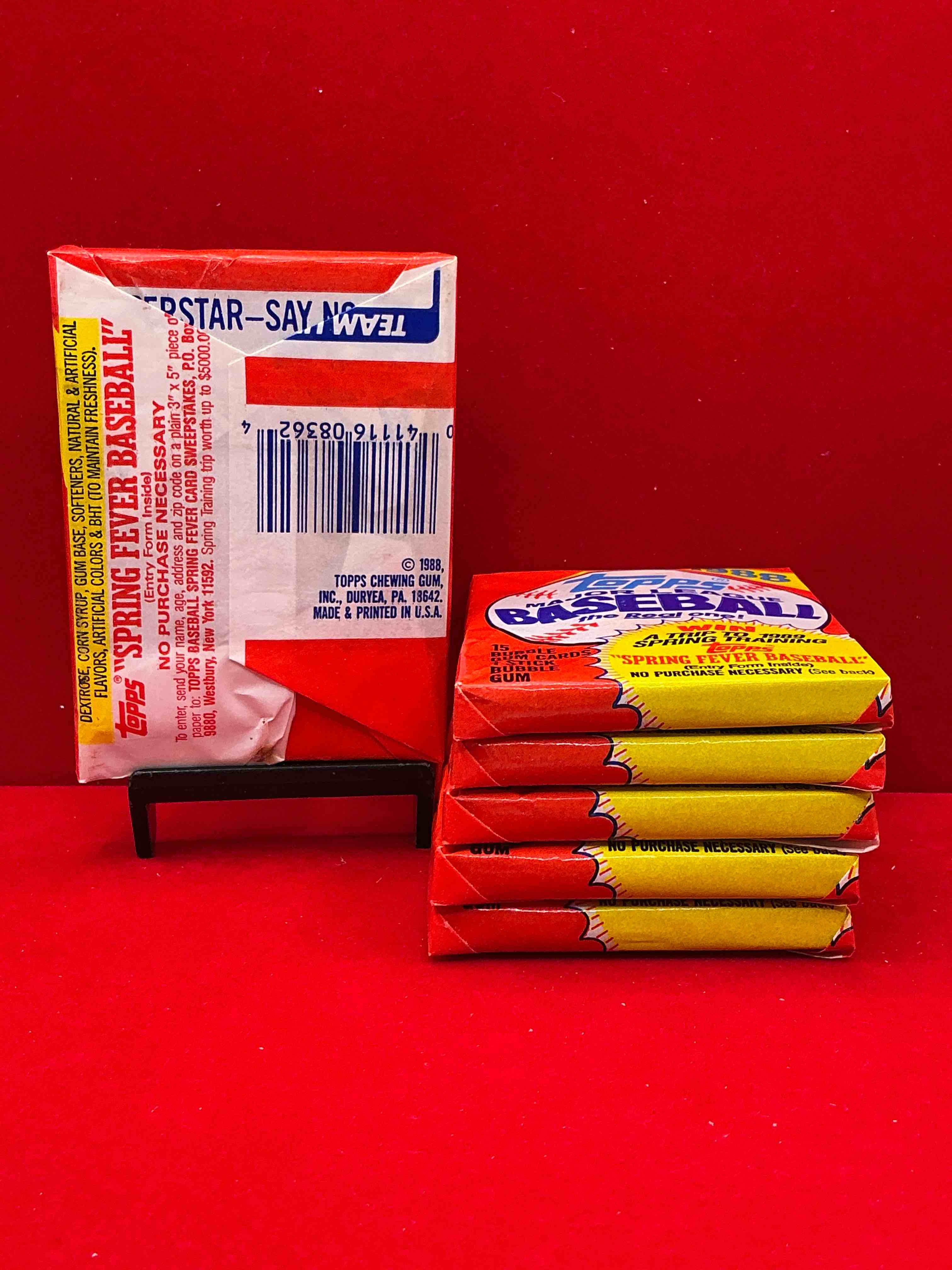 Condition photo showing New/Like New for 80's baseball fan's rejoice! 1988 topps baseball unopened wax packs full of collectible trading cards! search for valuable don mattingly "world of baseball" & nolan ryan cards worth hundreds in perfect condition!