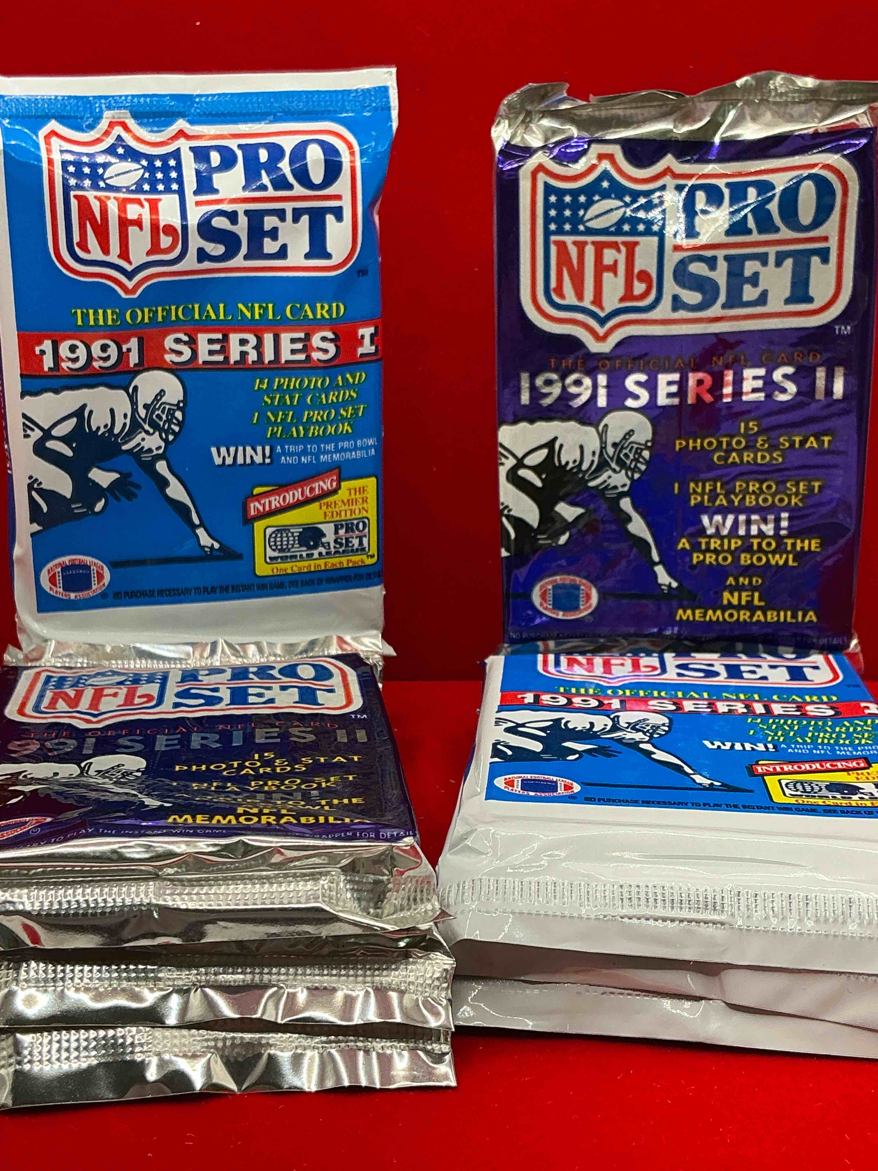 Condition photo showing New/Like New for wow! 1991 pro set football sealed card packs series i & ii, direct from original retail case!highly sought after by collectors as this year is loaded with high profile cards!search for cards from barry sanders, deion sanders, troy aikman, michael irvin & much more! getting hard to find!
