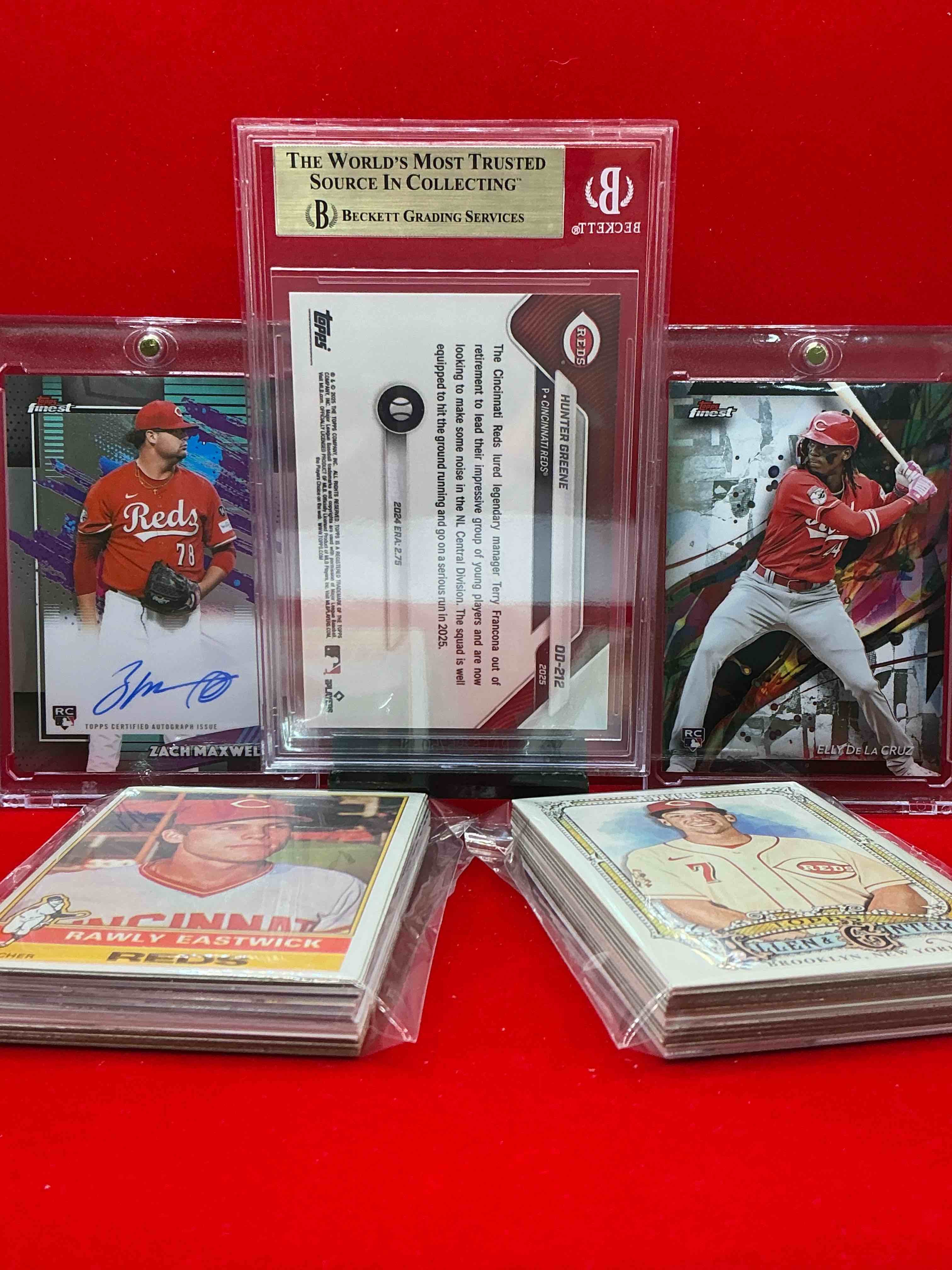 Condition photo showing New/Like New for super rare! topps now hunter greene /99 pristine beckett 10, which is super rare, zach maxwell rookie autograph topps finest, elly de la cruz topps finest rookie & more! reds insanity! 50 card lot, includes commons, legends, heroes, rookies & more! vintage & new! cincy insanity!