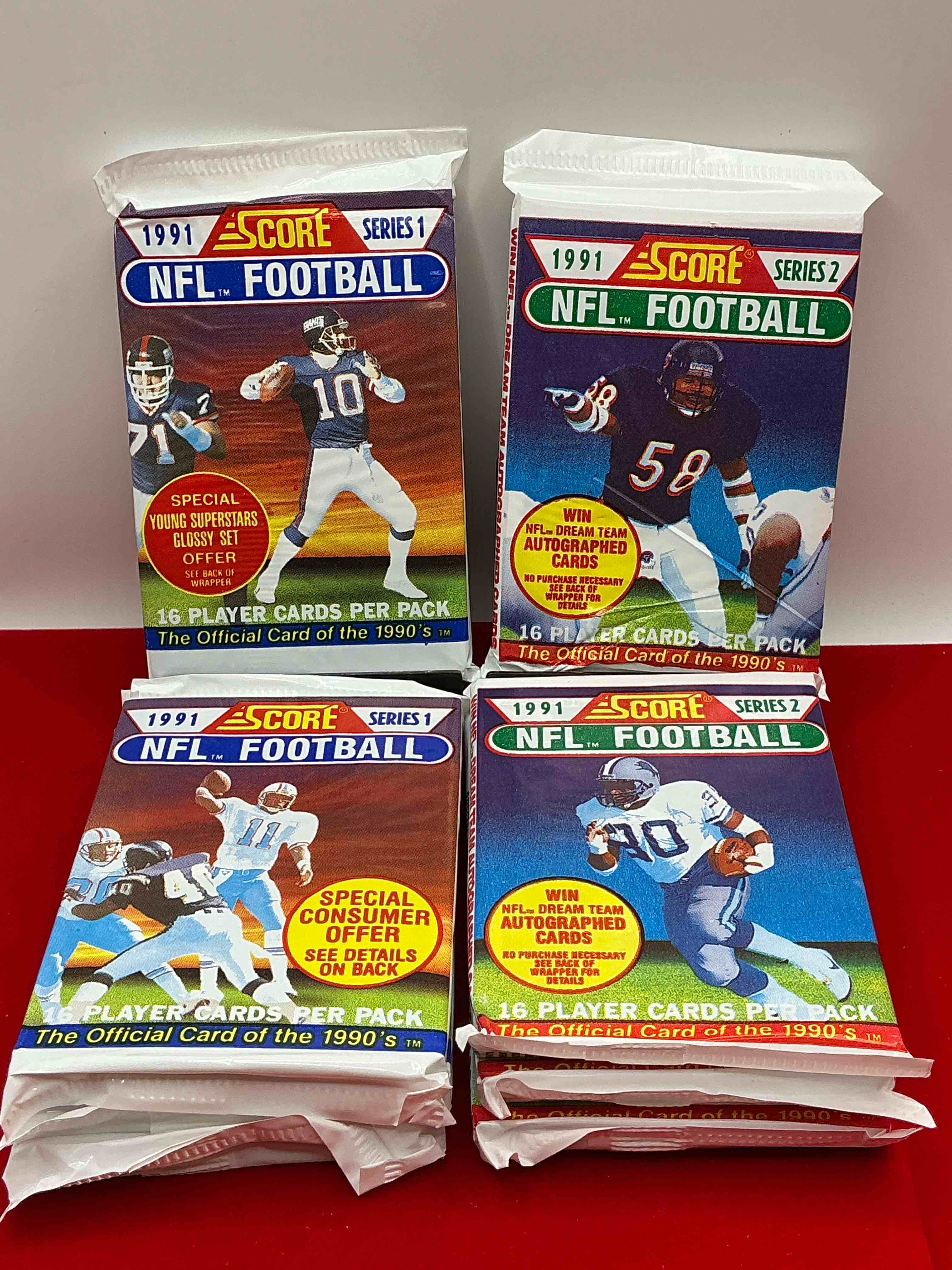 Condition photo showing New/Like New for 1991 nfl score football sealed card packs series i & ii direct from original retail case! these cards are sought after by collectors for their awesome, nostalgic look. search for brett favre rookie, early jerry rice, early emmit smith, joe montana & so much more!