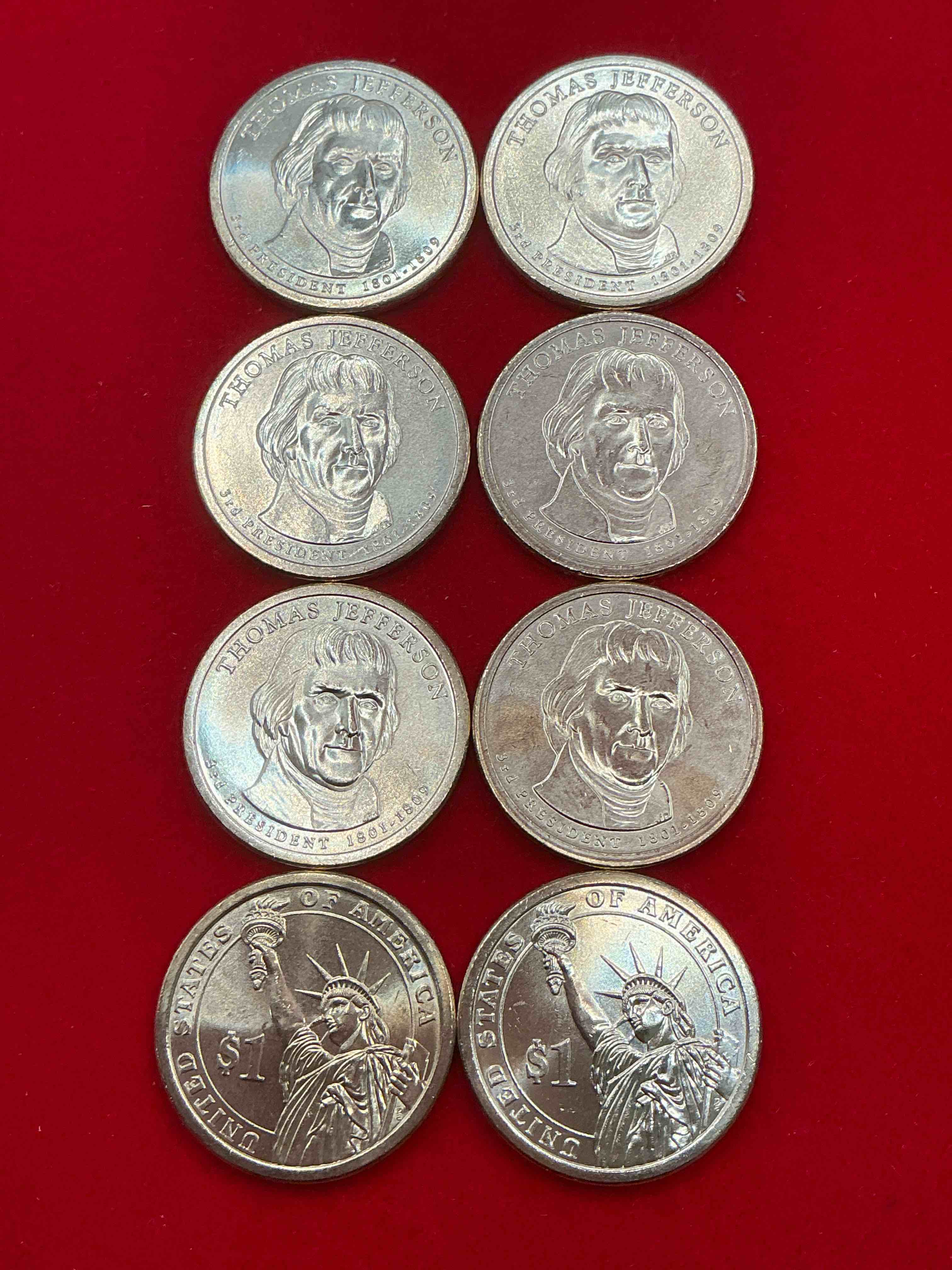 thomas jefferson 2007 one dollar coins! uncirculated coin! these coins are in mint condition, and some of the most collectible coins out there! rare, uncirculated, one dollar coins featuring thomas jefferson!