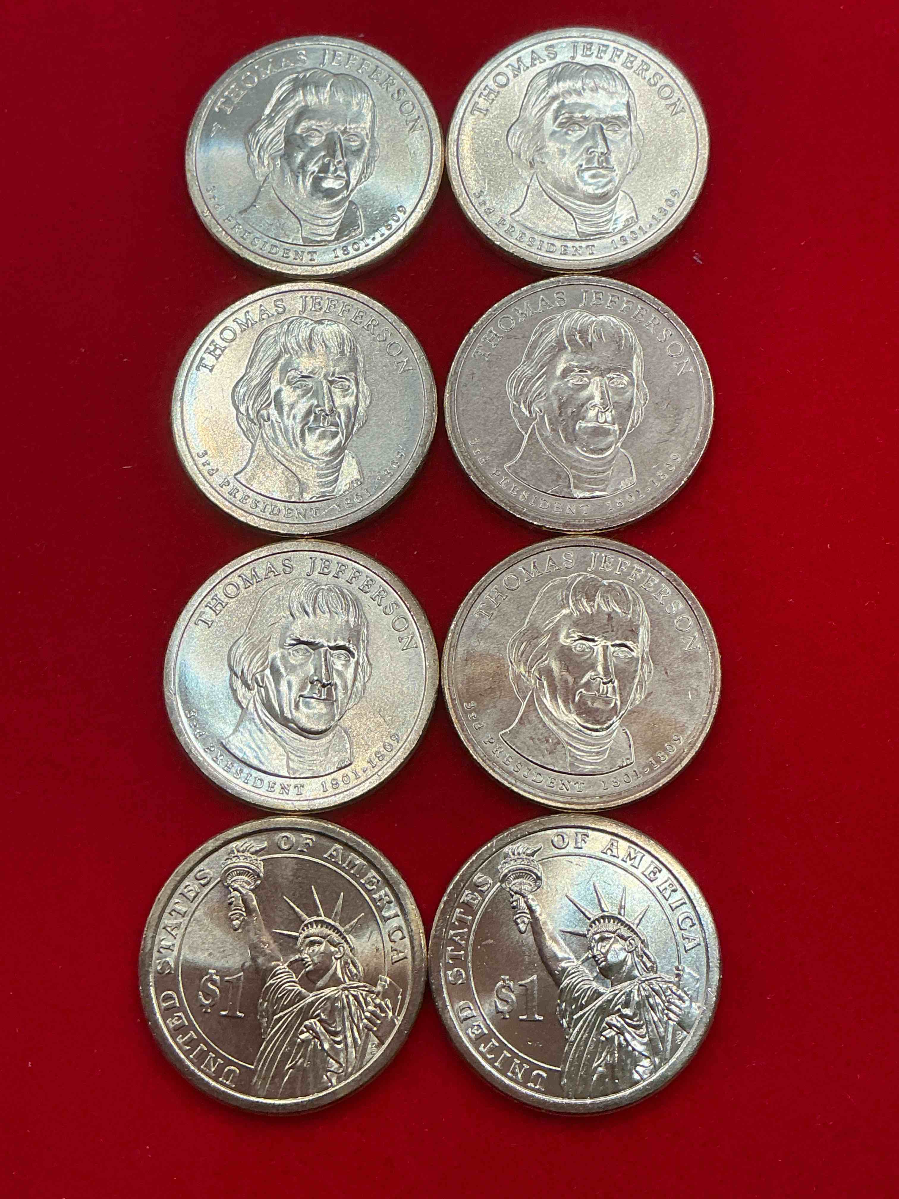 Condition photo showing New/Like New for thomas jefferson 2007 one dollar coins! uncirculated coin! these coins are in mint condition, and some of the most collectible coins out there! rare, uncirculated, one dollar coins featuring thomas jefferson!