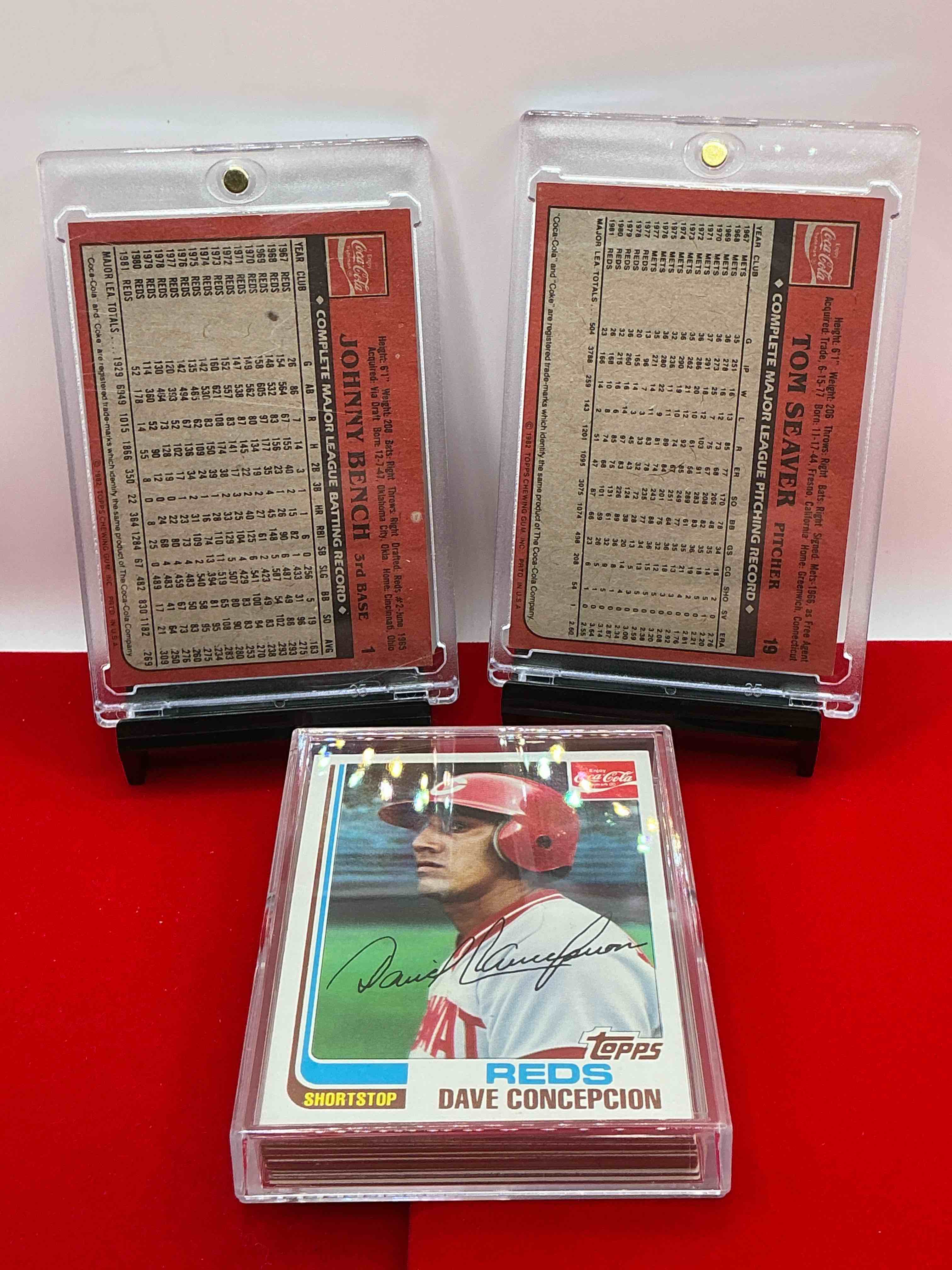Condition photo showing New/Like New for rare coca~cola edition 1982 topps reds team set! 23 card reds collection! johnny bench, tom seaver, reds team card, dave concepcion, dave tomlin & more! reds fans rejoice!