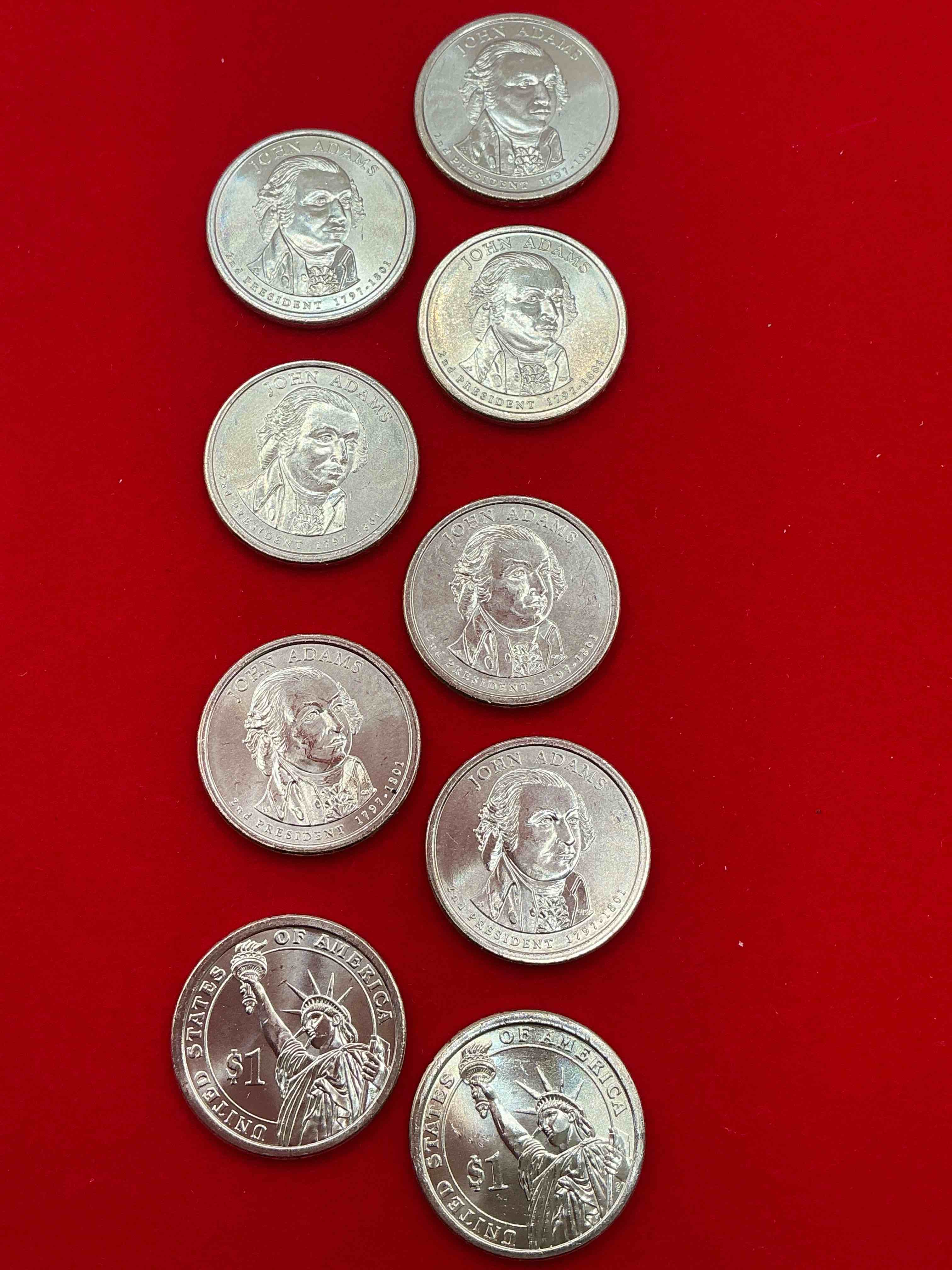 john adams 2008 one dollar presidential coins! uncirculated brilliant coins! these coins are in mint condition, and some of the most collectible coins out there! rare, uncirculated, one dollar coins featuring john adams!