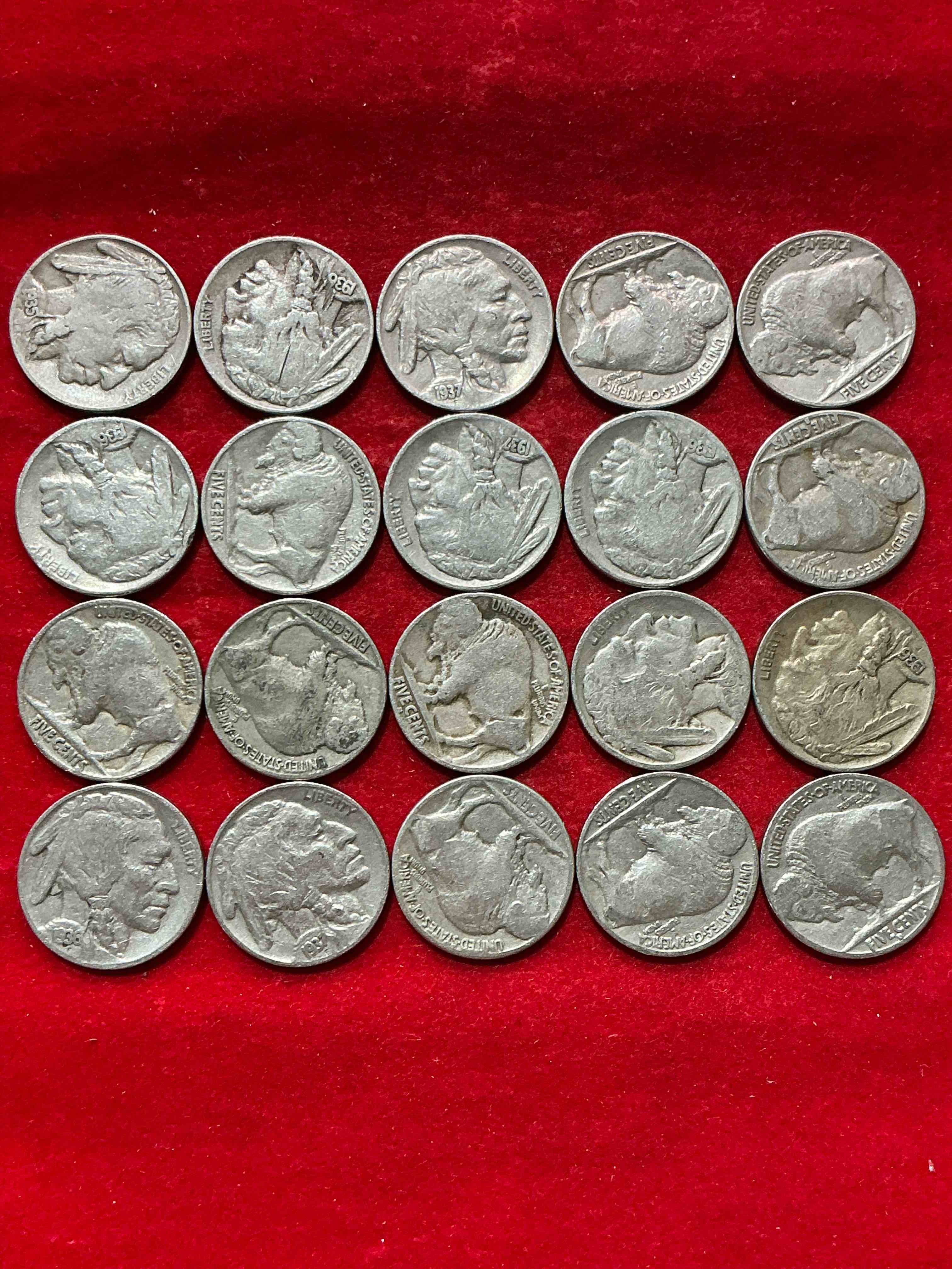 Condition photo showing Good Condition for historic buffalo nickels! indian head buffalo nickels were minted from 1913 to 1938 & have become a favorite for coin collectors around the world! own pieces of american history with these cool indian head buffalo nickels in circulated condition, some with visible dates is very rare for buffalo nickels!