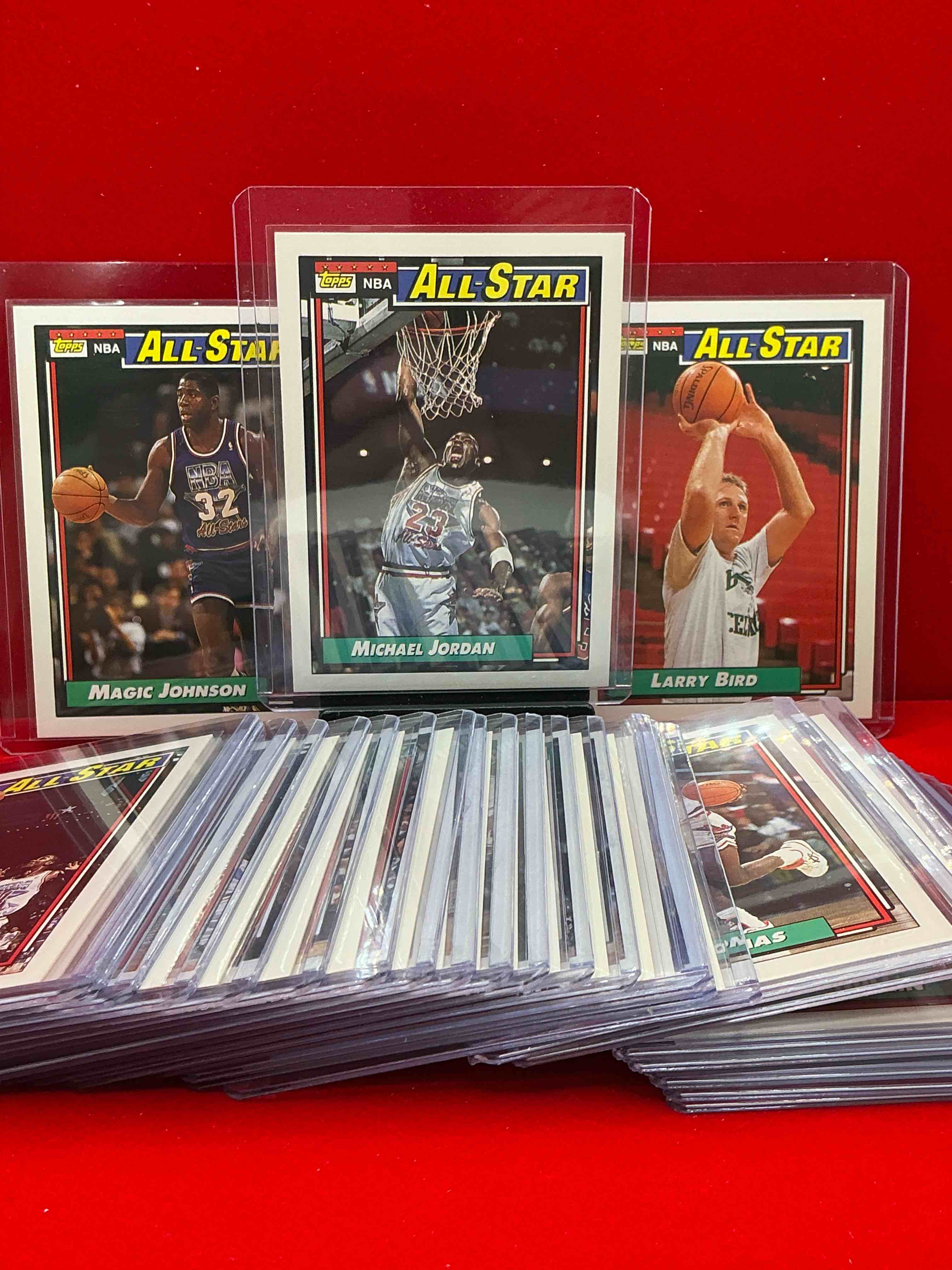 Condition photo showing New/Like New for 1992 all star michael jordan, larry bird, magic johnson & more! 27 card lot! topps all star, legends from basketball! wow!