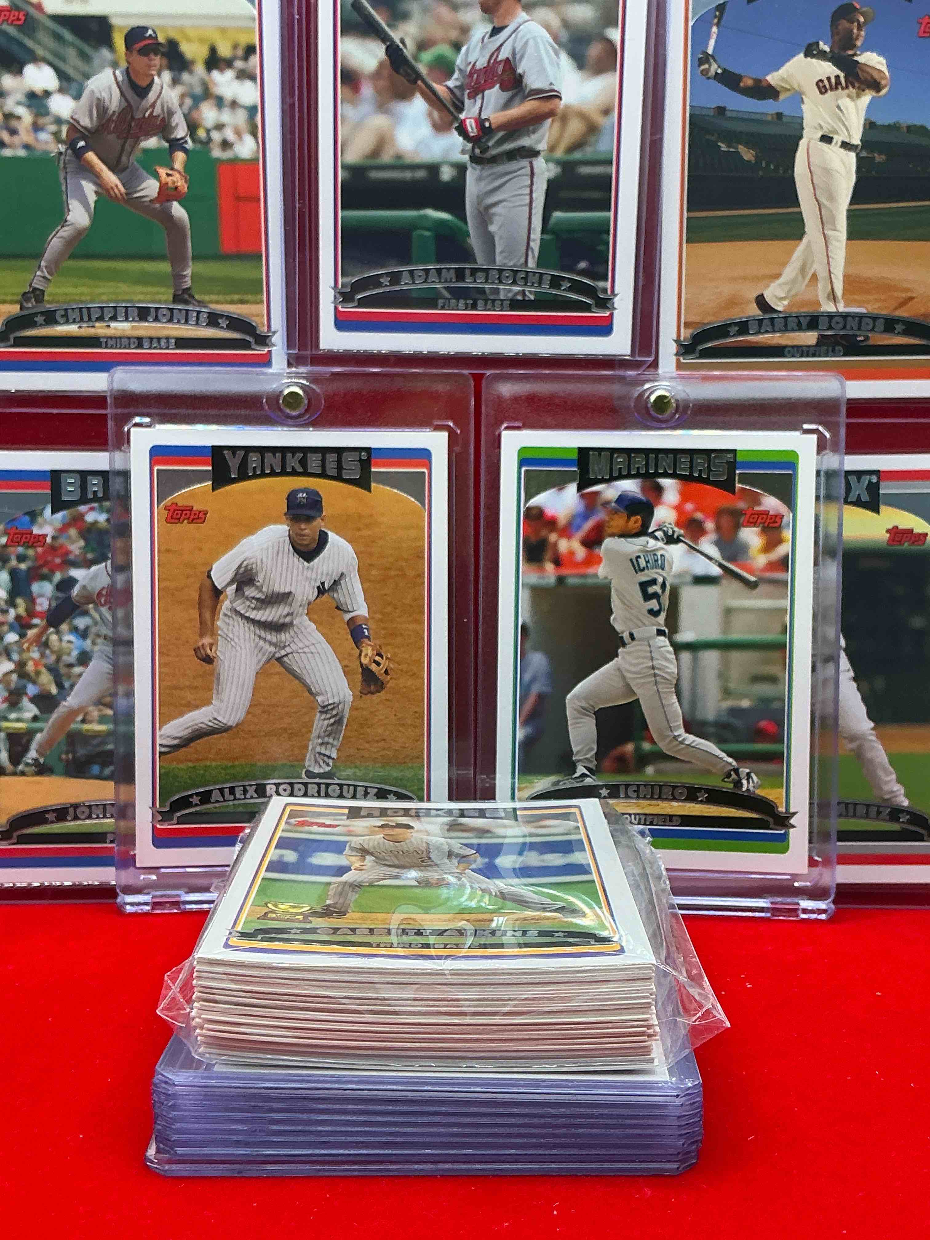 Condition photo showing New/Like New for alex rodriquez, ichiro, chipper jones, barry bonds & more! insane! crazy 2006 topps cards, 50 card lot! baseball legends included! ramirez, smoltz & more! wow! baseball insanity!
