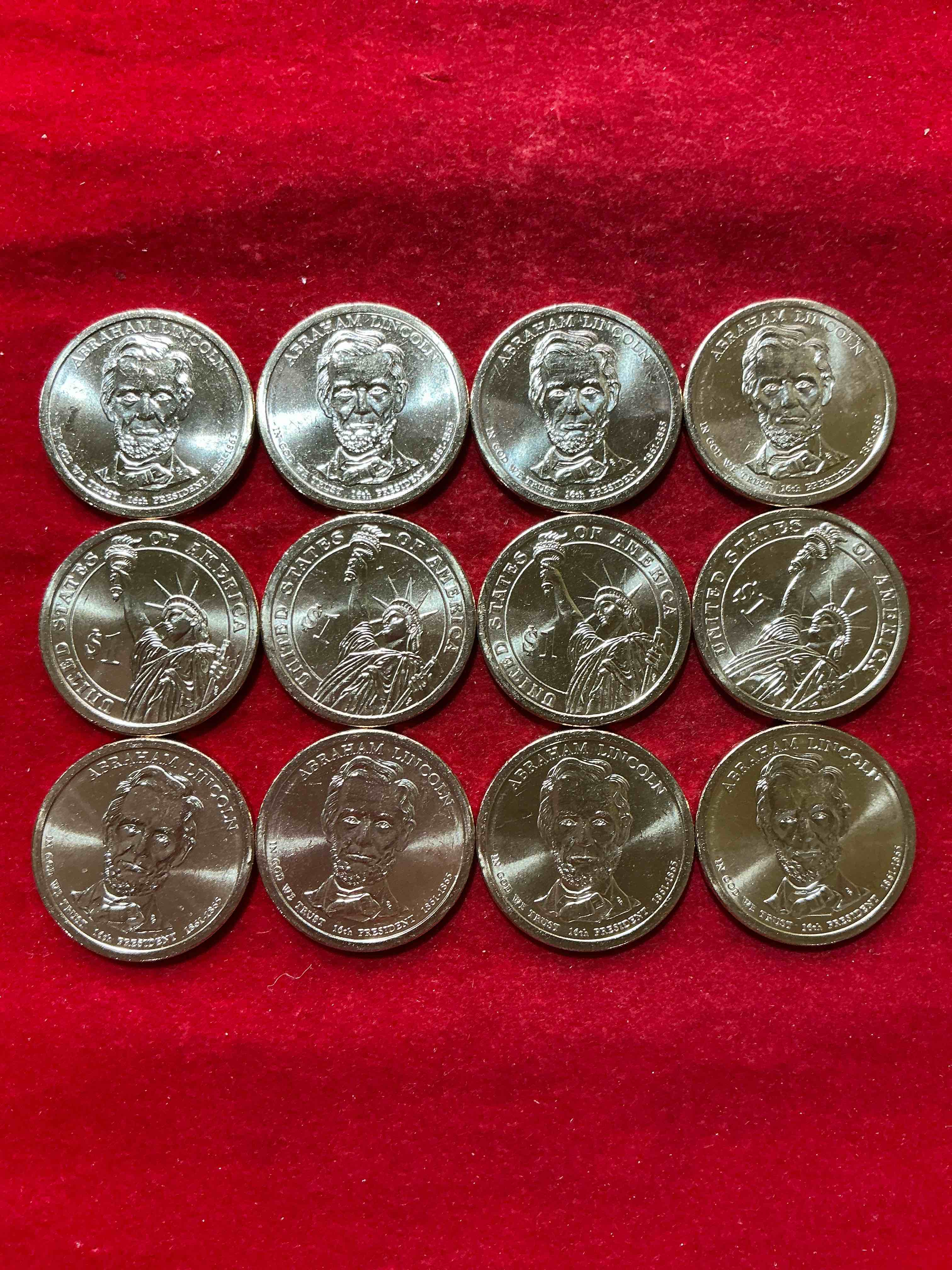 Condition photo showing New/Like New for abraham lincoln 2010 one dollar presidential coins! uncirculated brilliant coins! these coins are in mint condition, and some of the most collectible coins out there! rare, uncirculated, one dollar coins featuring abraham lincoln!