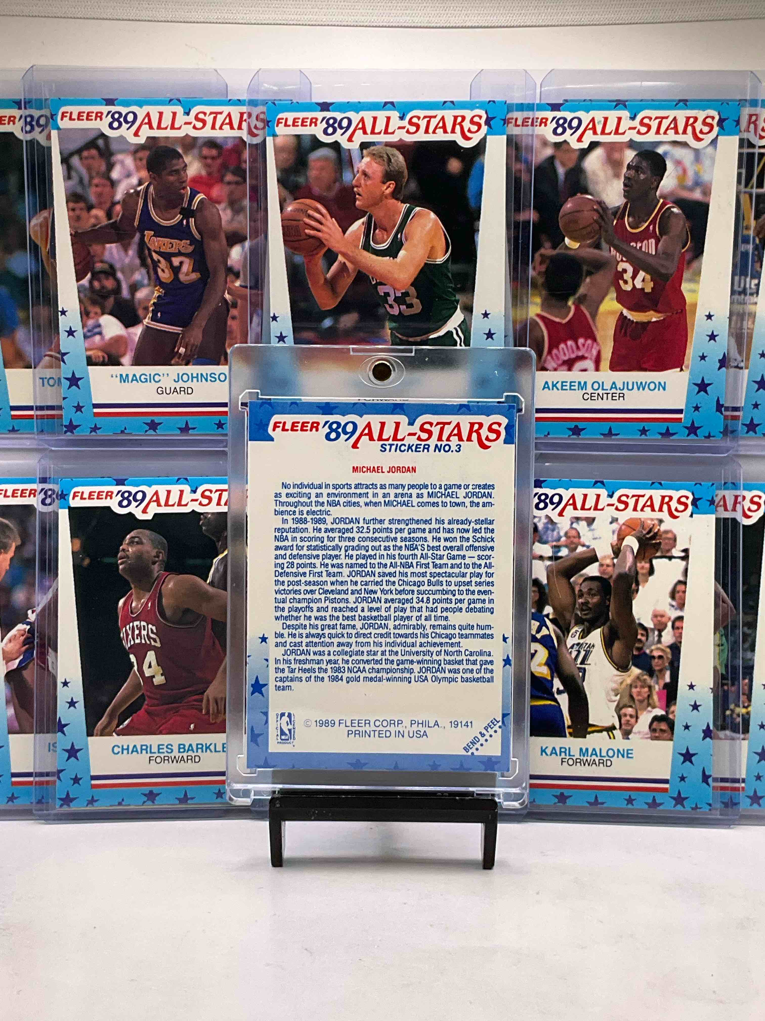 Condition photo showing New/Like New for jordan, bird, magic & more! 1989 all star nba hoops cards! michael jordan, larry bird, magic johnson, hakeem olajuwon & more! wow! 11 card lot!