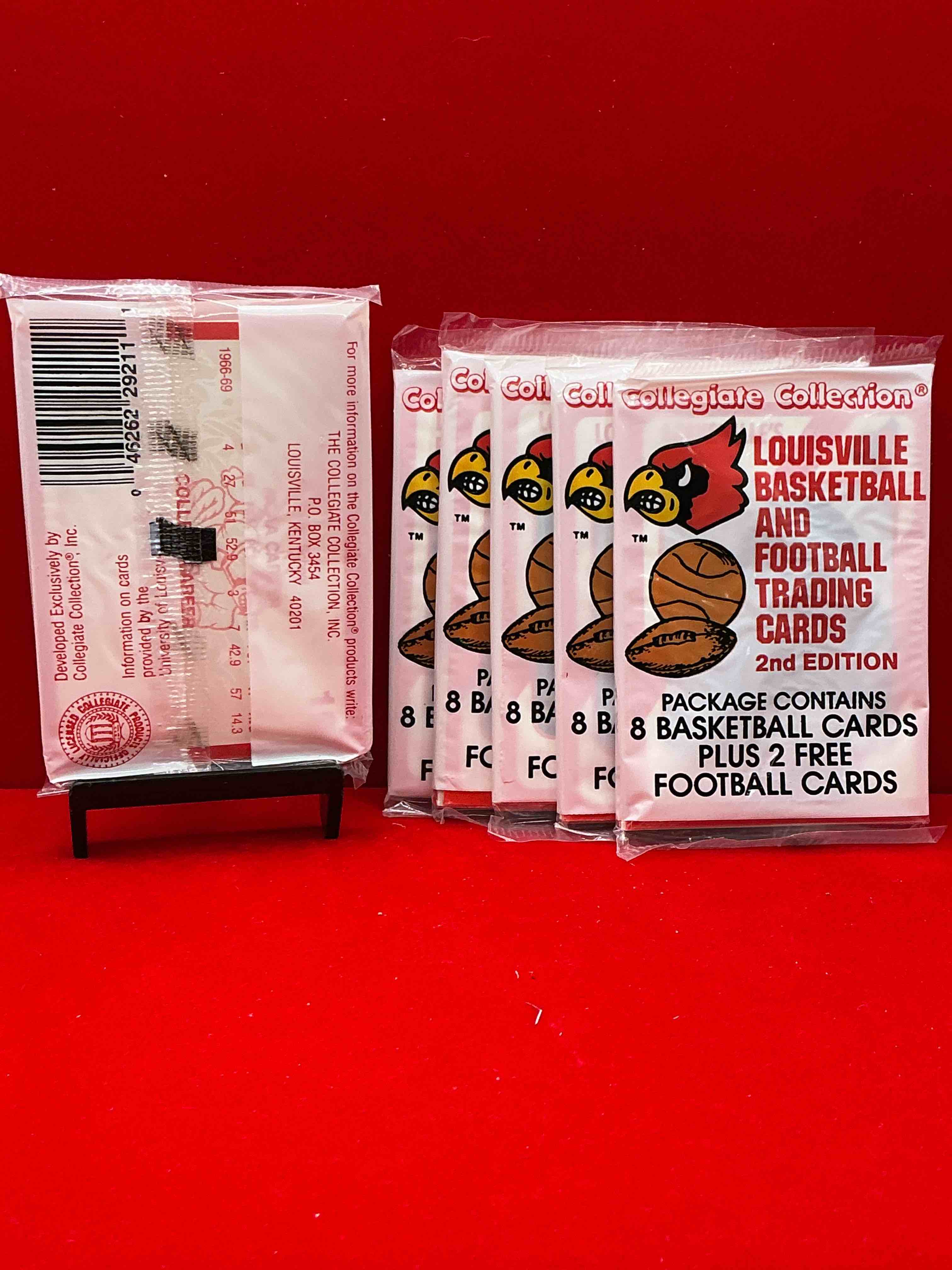 Condition photo showing New/Like New for louisville cardinals collegiate collection basketball & football card packs! 10 cards per pack! search for legends! pervis ellison, darrell griffith & so many more! cards fans rejoice!