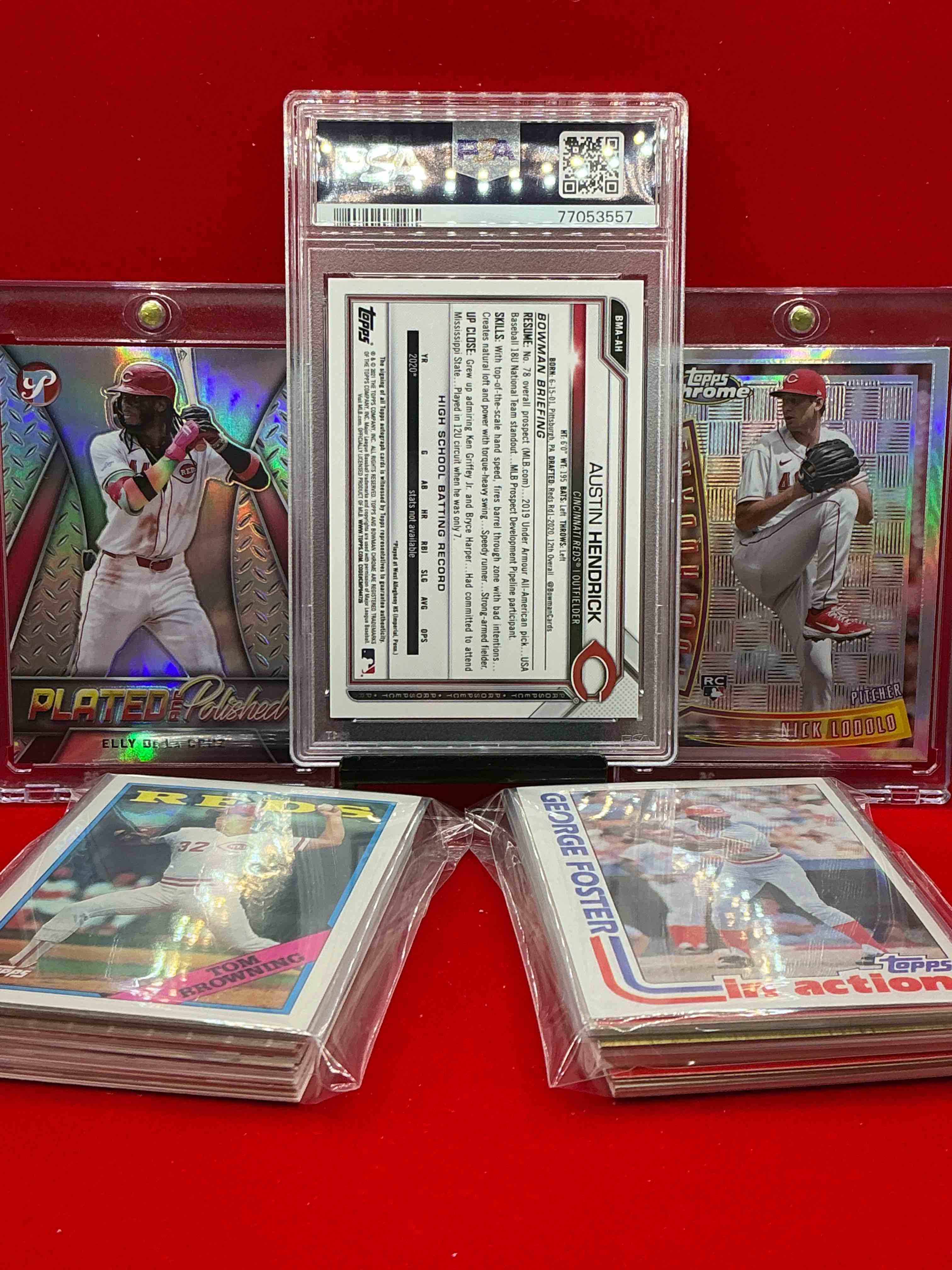 Condition photo showing New/Like New for austin hendrick on card auto mojo psa 10, silver plated elly de la cruz & more! insane reds lot, includes commons, legends, heroes, rookies & more! vintage & new! 50 card lot! cincy insanity! 