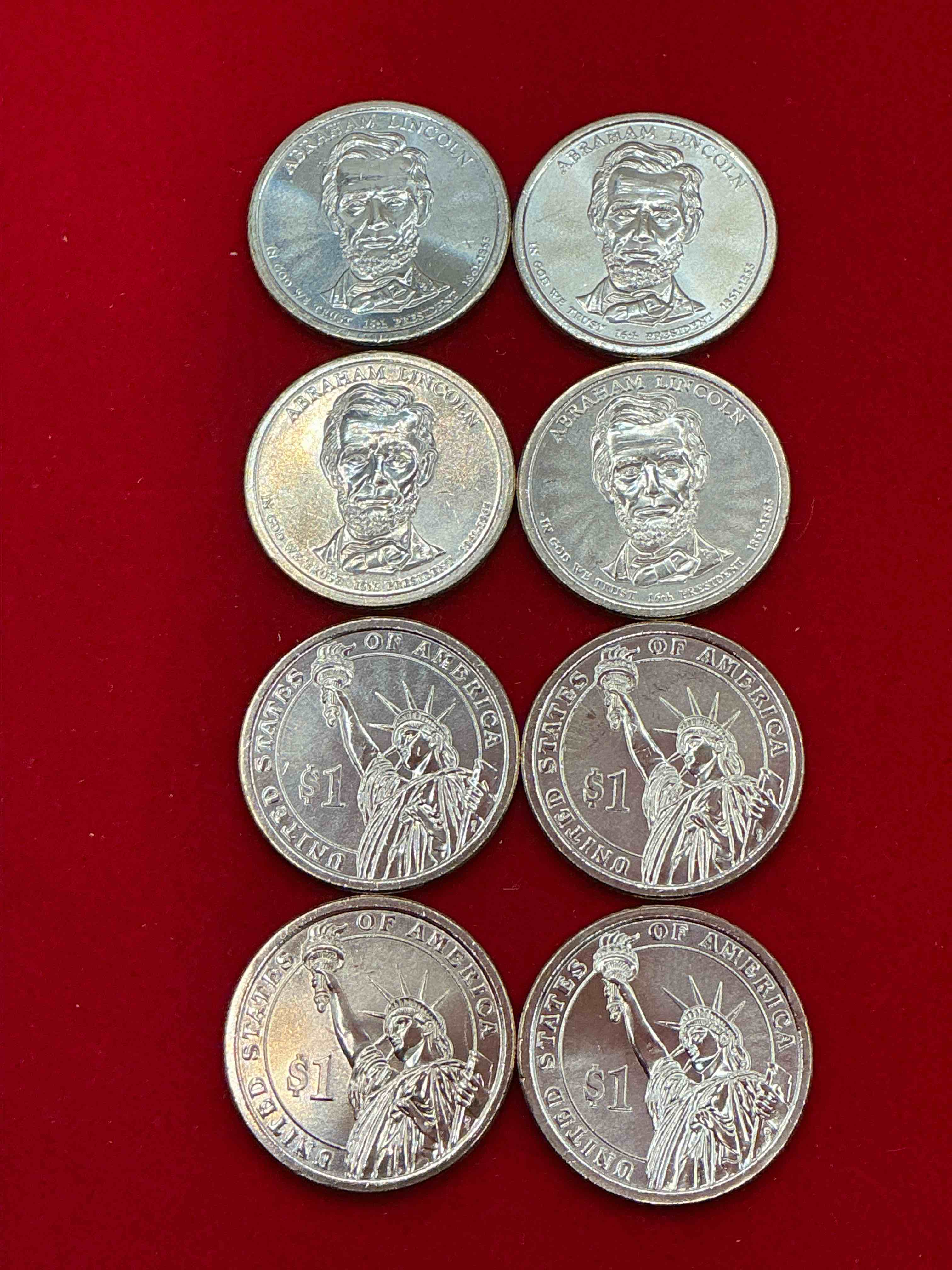 abraham lincoln 2010 one dollar presidential coins! uncirculated brilliant coins! these coins are in mint condition, and some of the most collectible coins out there! rare, uncirculated, one dollar coins featuring abraham lincoln!