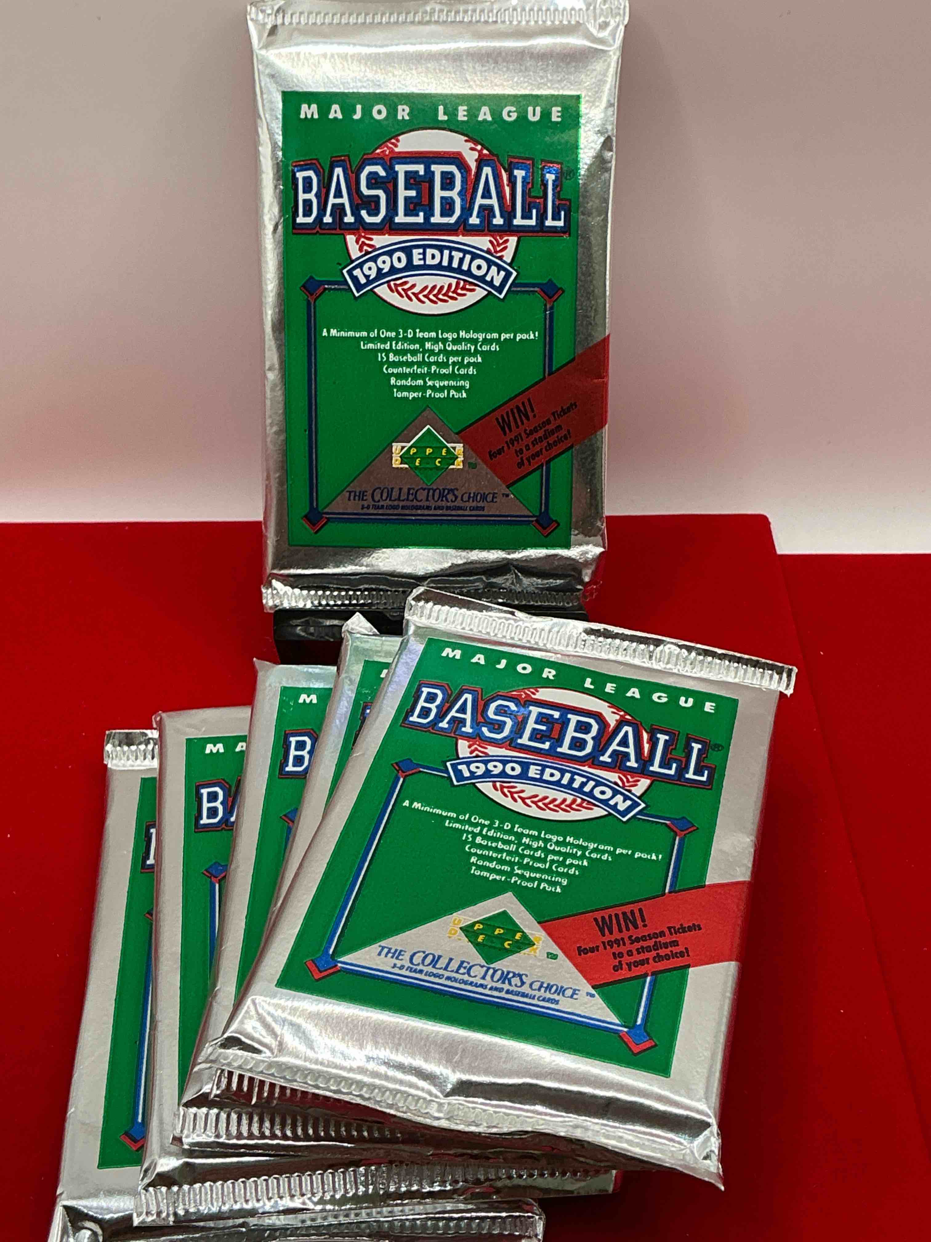 1990 upper deck baseball unopened sports trading card packs! direct from original box! look for possible collector's 3d team logo card! as well as early ken griffey jr. cards!