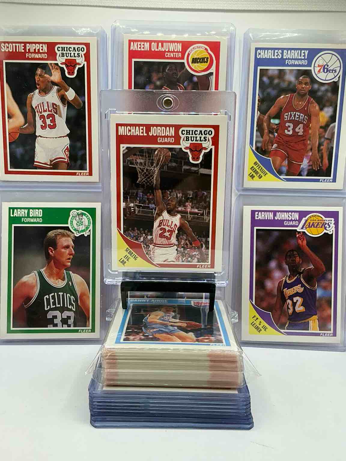 michael jordan! holy grail basketball! 1989 fleer basketball cards! 50 card craziness! one of the most coveted michael jordan, magic johnson, larry bird, scottie pippen, charles barkley, karl malone & clyde drexler cards! along with other nice 1989 nba basketball cards! wilkins & more! these cards are super rare, only 3 years off from a jordan rookie! awesome base cards combo! wow!mixed with a variety of other cards, doesn't get better than this!