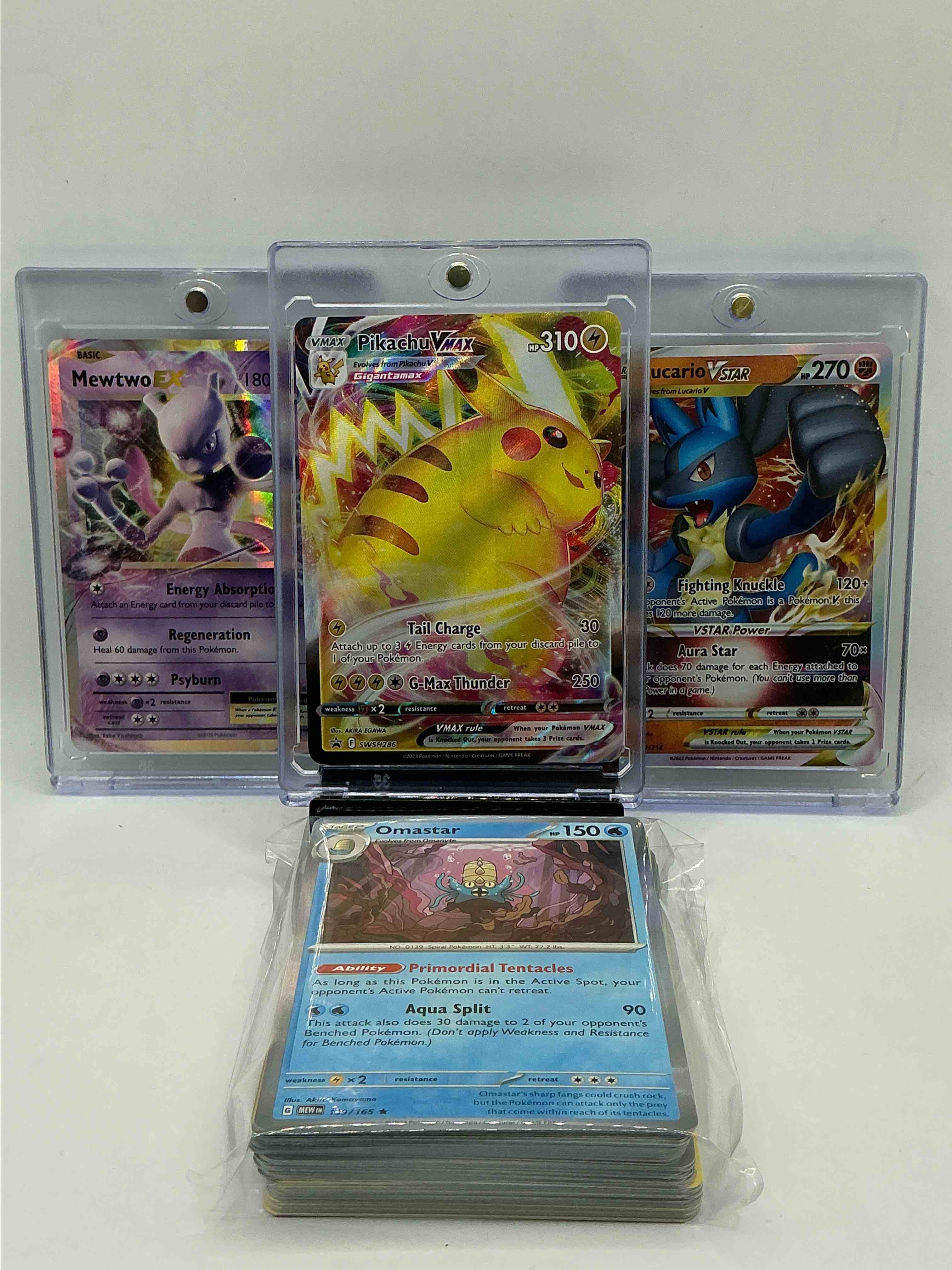 pokémon party! pikachu vmax! lucario vstar! mewtwo ex! along with 50 other pokémon heroes, holos, legends & commons- including holographic cards, stage 2 cards, holos in all forms & more! also includes 36 non holo common/ uncommon basic & first stage cards trainers & energy too! perfect set for collectors & enthusiasts!