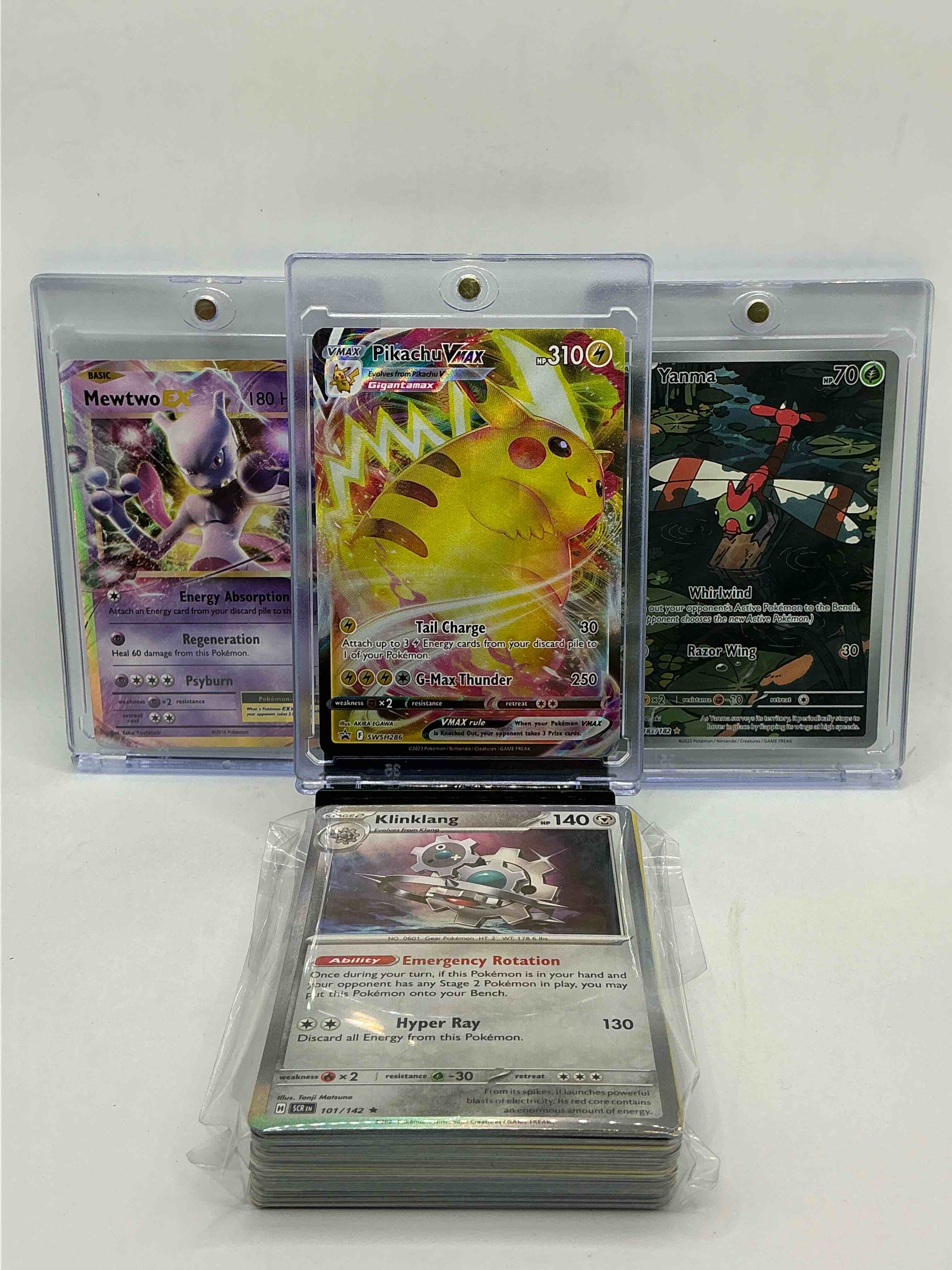 Pokémon Party! Pikachu VMax! Mewtwo EX! Yanma! Along With 50 Other Pokémon Heroes, Holos, Legends & Commons- Including Holographic Cards, Stage 2 Cards, Holos In All Forms & More! Also Includes 36 Non Holo Common/ Uncommon Basic & First Stage Cards Trainers & Energy Too! Perfect Set For Collectors & Enthusiasts!