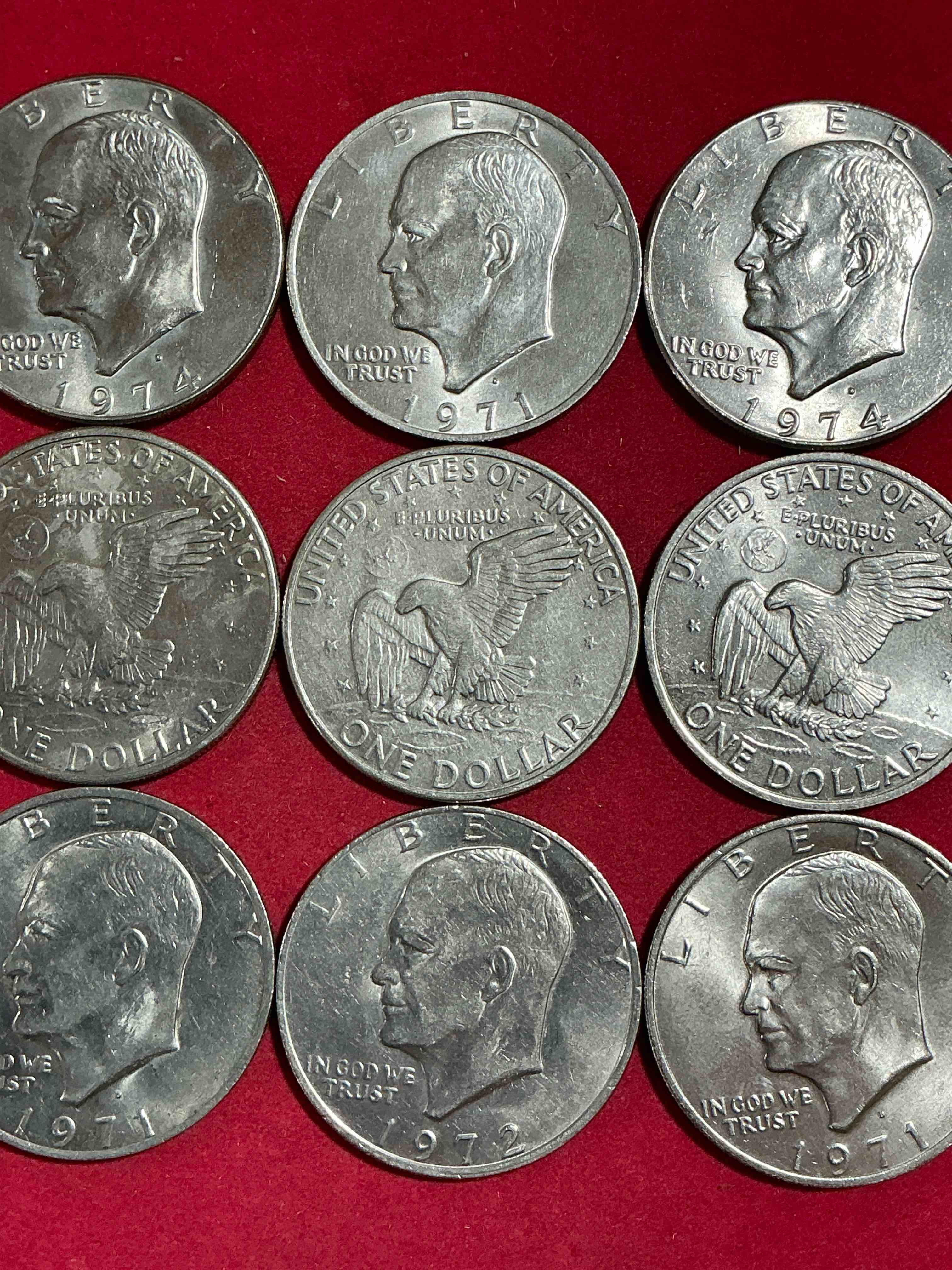 eisenhower dollars! here’s 9 circulated “ike” dollars! up for auction are ike one dollar coins from different years! awesome ike dollars!