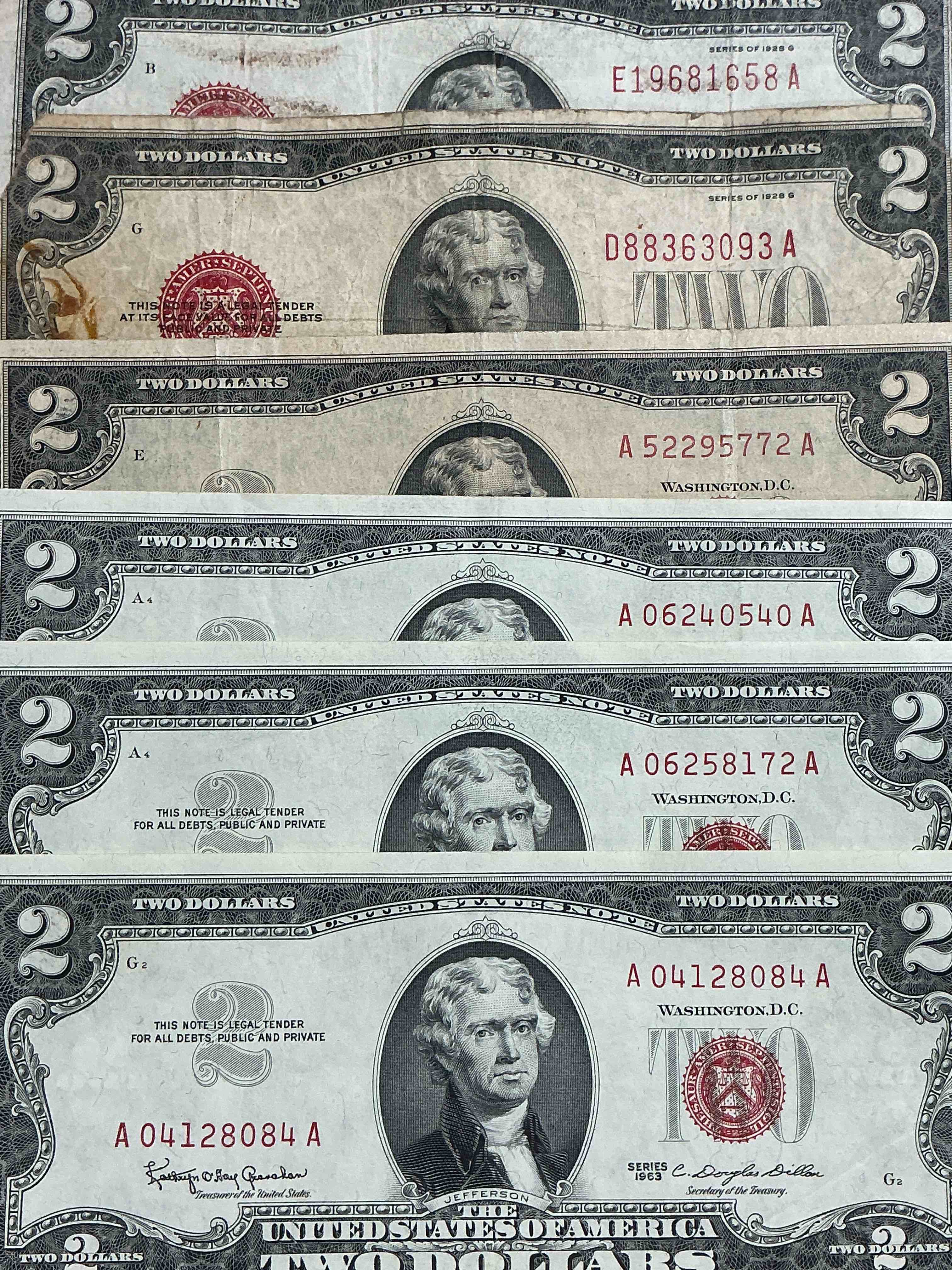 rare red seal two dollar bills! 1953 & 1963 edition paper money! check out these rare bills, perfect addition to any collection!