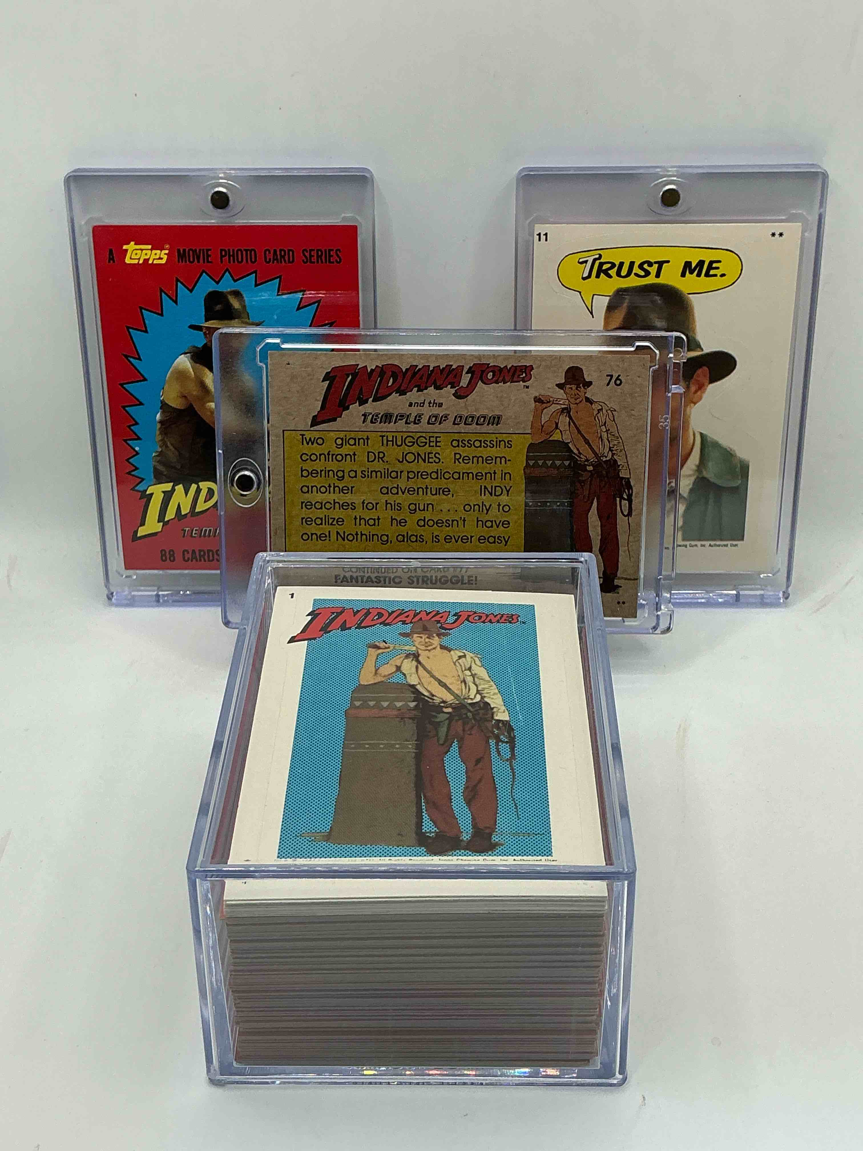 Condition photo showing New/Like New for 1984 indiana jones temple of doom! complete, authentic & original indy jones temple of doom movie cards, complete 88 card set! with all 11 stickers! excellent condition! own a serious movie history collectible! very hard to find complete! a serious, rare collectable rare to find all complete!