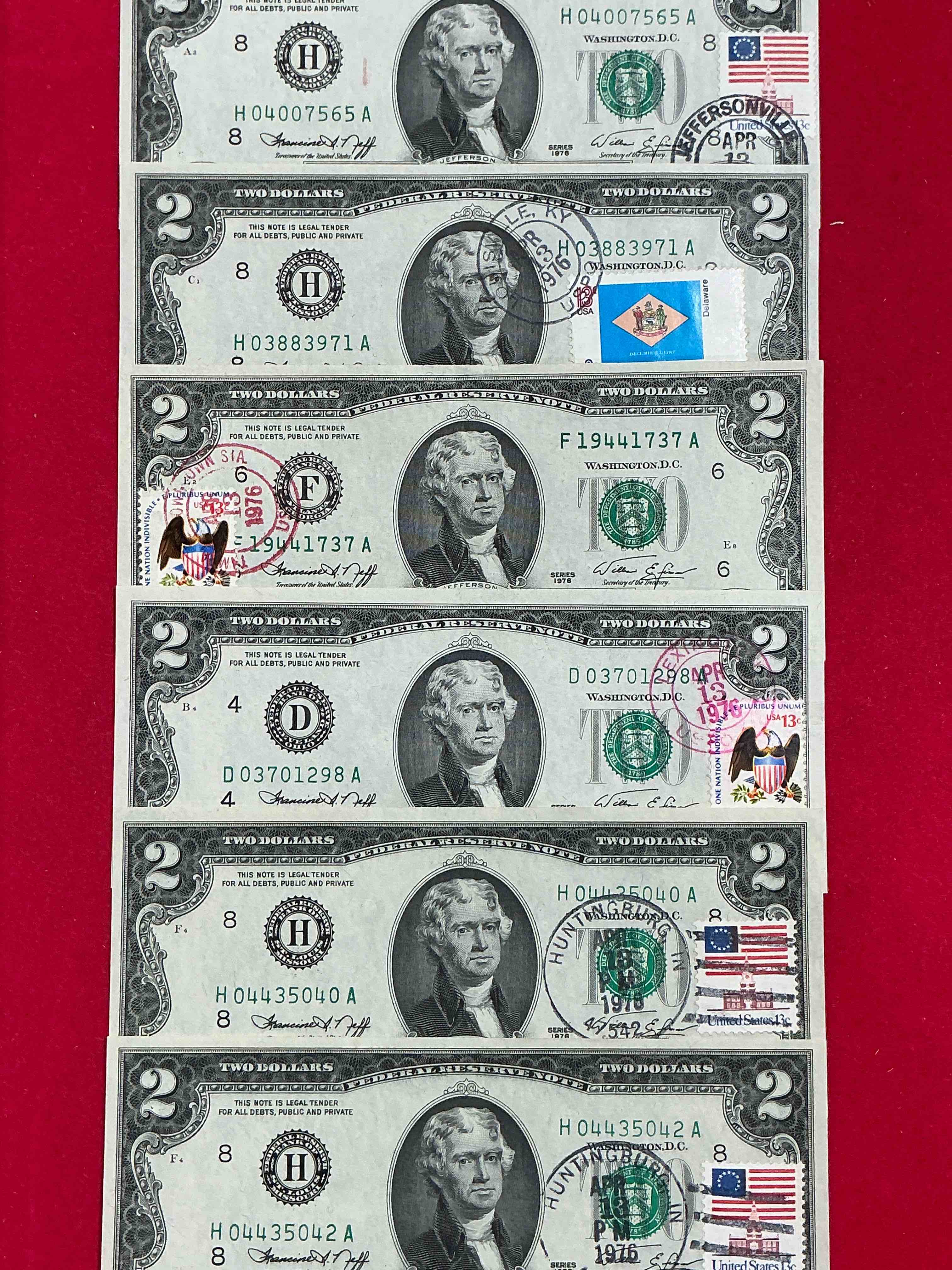 1976 bicentennial treasure! something authentic you may never see again! 1976 series two dollar bills, postmarked & postage stamped from 1976! these original 1976 bills are still legal tender & exceptionally rare! a serious collector item, wow!