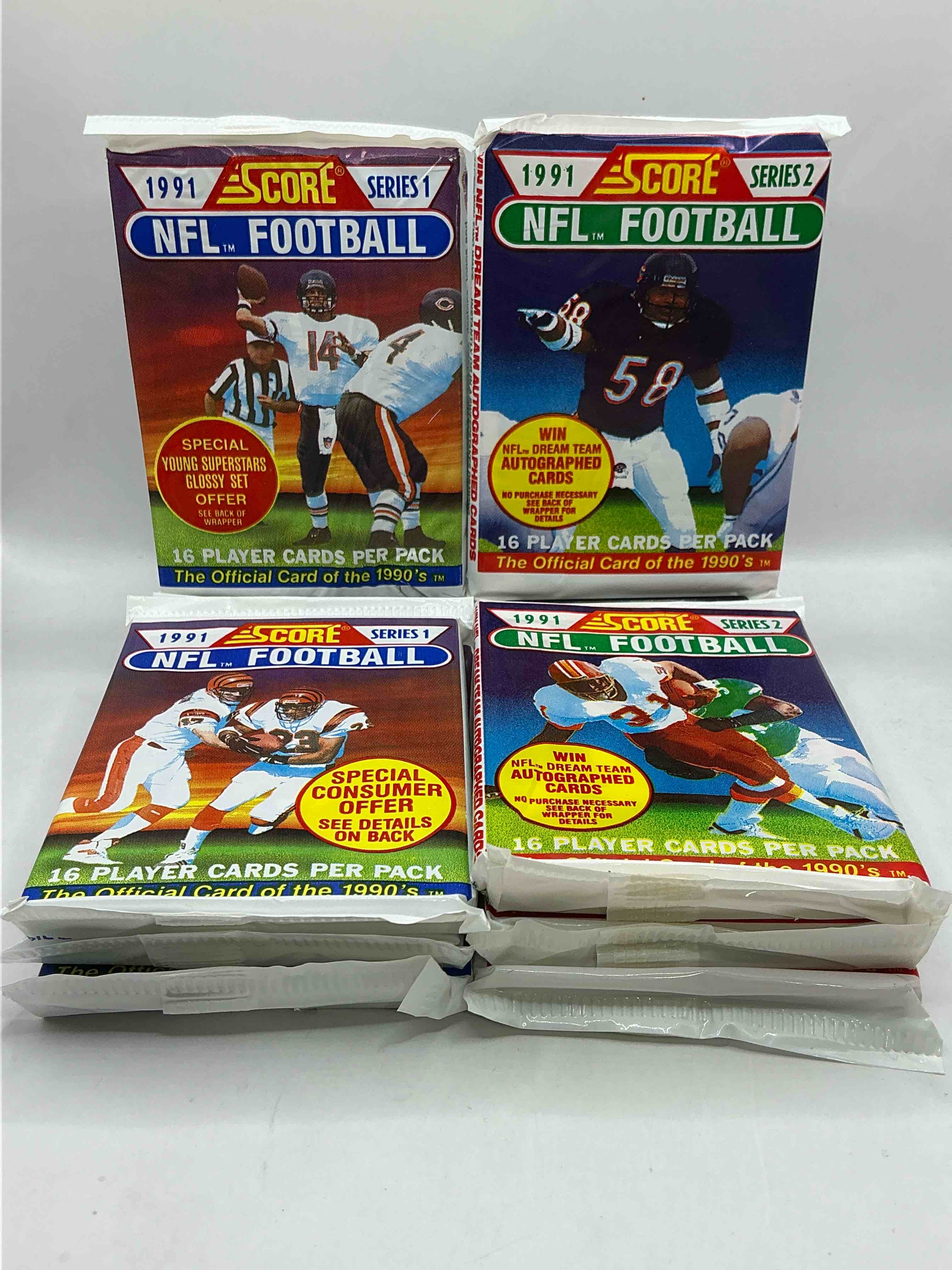 1991 nfl score football sealed card packs series i & ii direct from original retail case! these cards are sought after by collectors for their awesome, nostalgic look. search for brett favre rookie, early jerry rice, early emmit smith, joe montana & so much more!