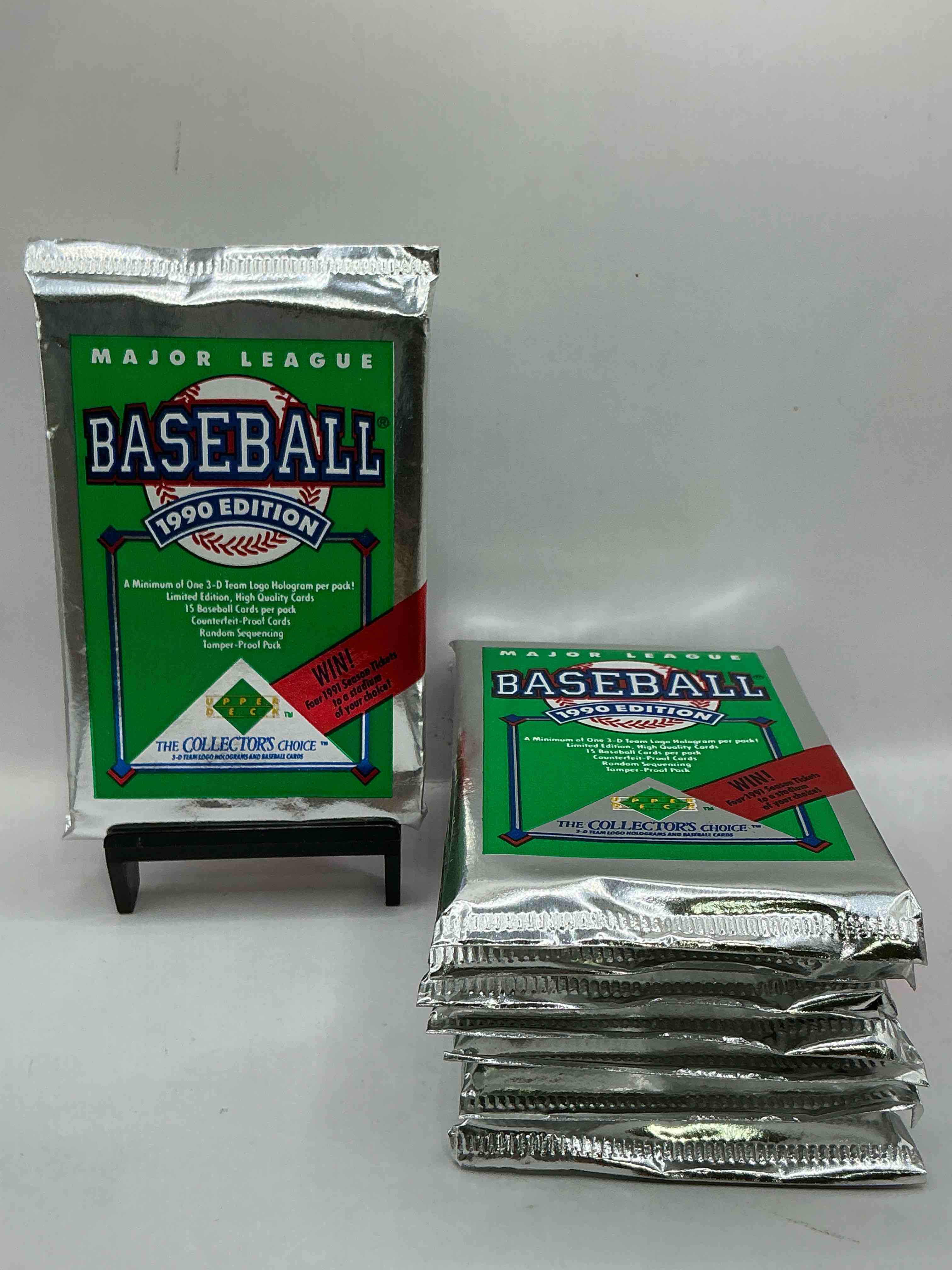 1990 upper deck baseball unopened sports trading card packs! direct from original box! look for possible collector's 3d team logo card! as well as early ken griffey jr. cards!