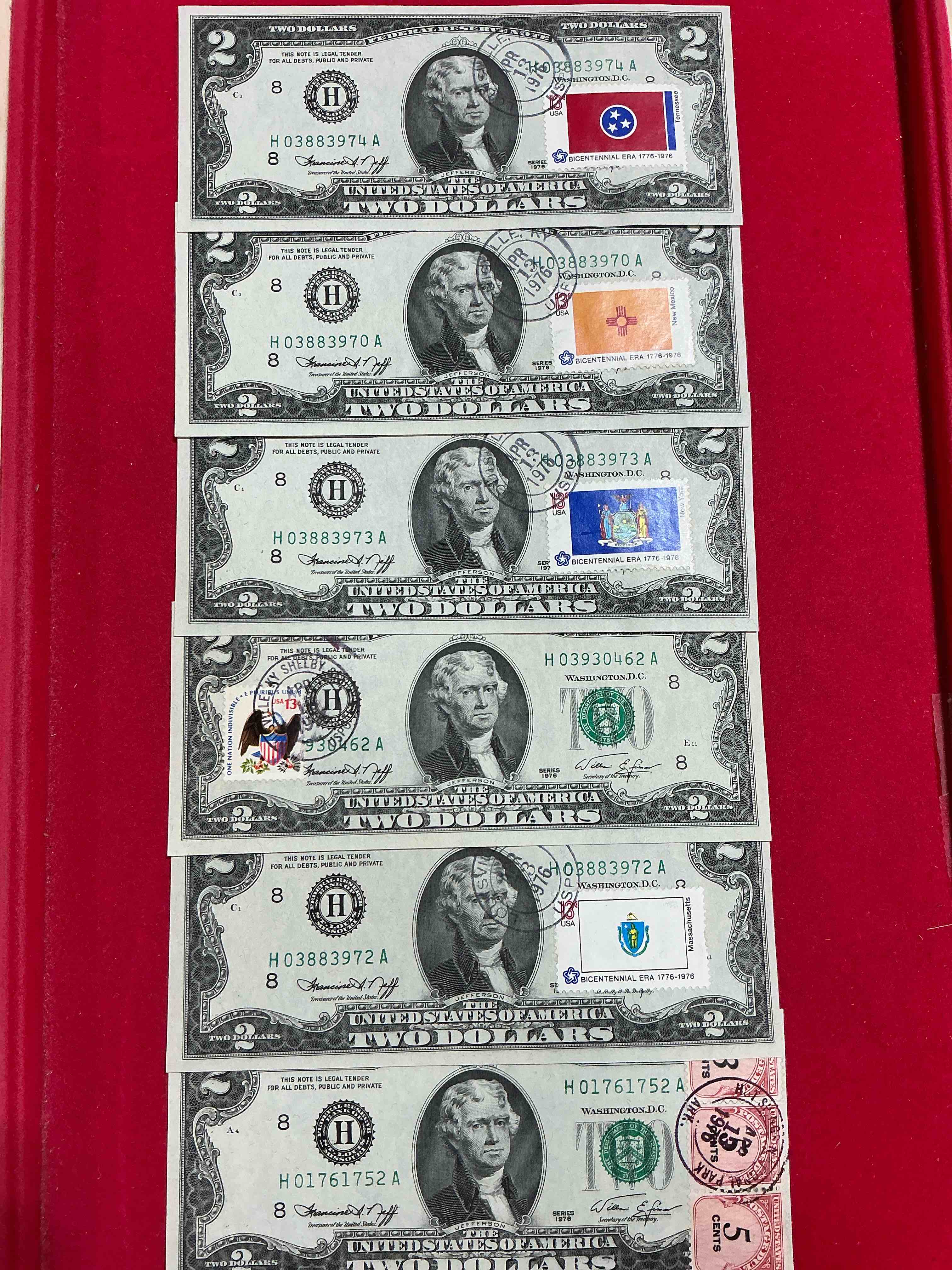 1976 bicentennial treasure! something authentic you may never see again! 1976 series two dollar bills, postmarked & postage stamped from 1976! these original 1976 bills are still legal tender & exceptionally rare! a serious collector item, wow!