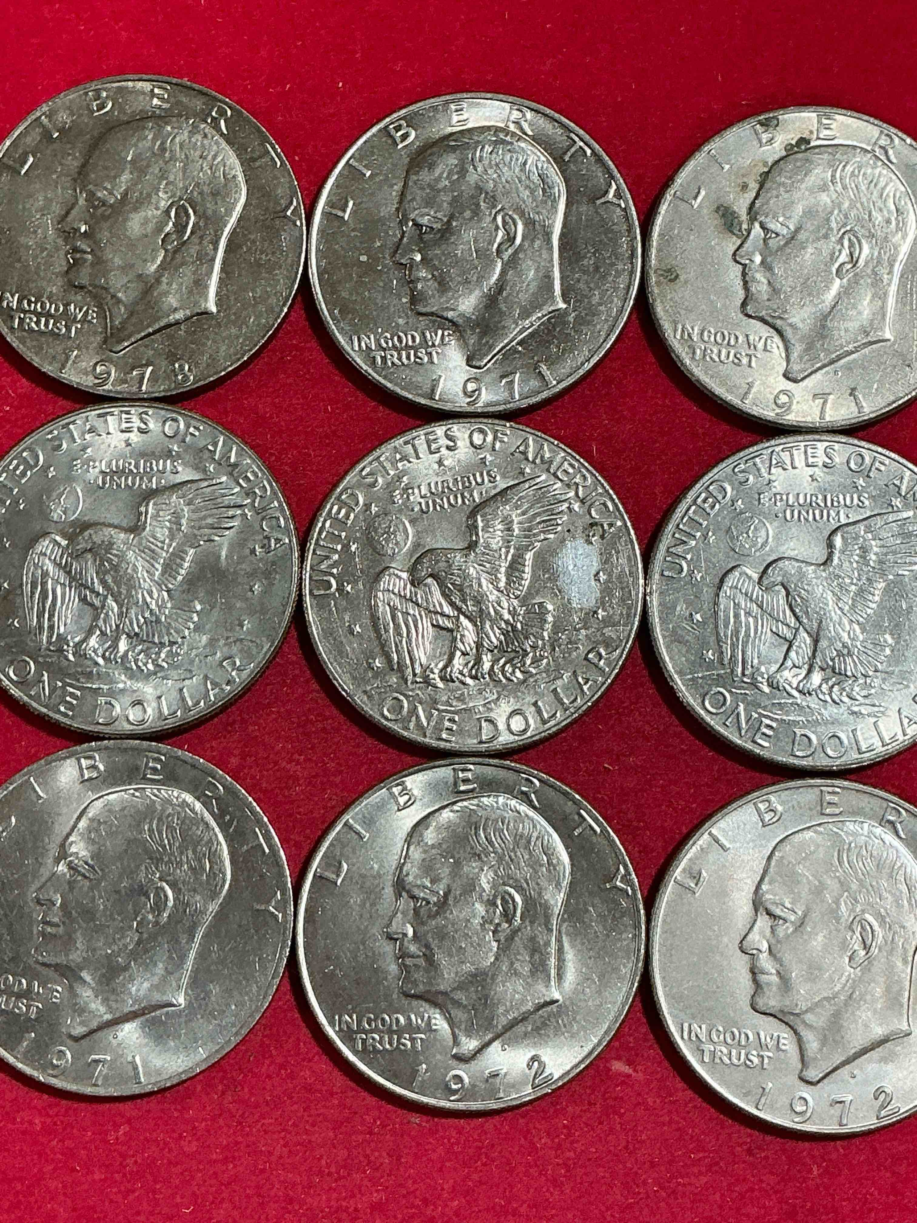 eisenhower dollars! here’s 9 circulated “ike” dollars! up for auction are ike one dollar coins from different years! awesome ike dollars!