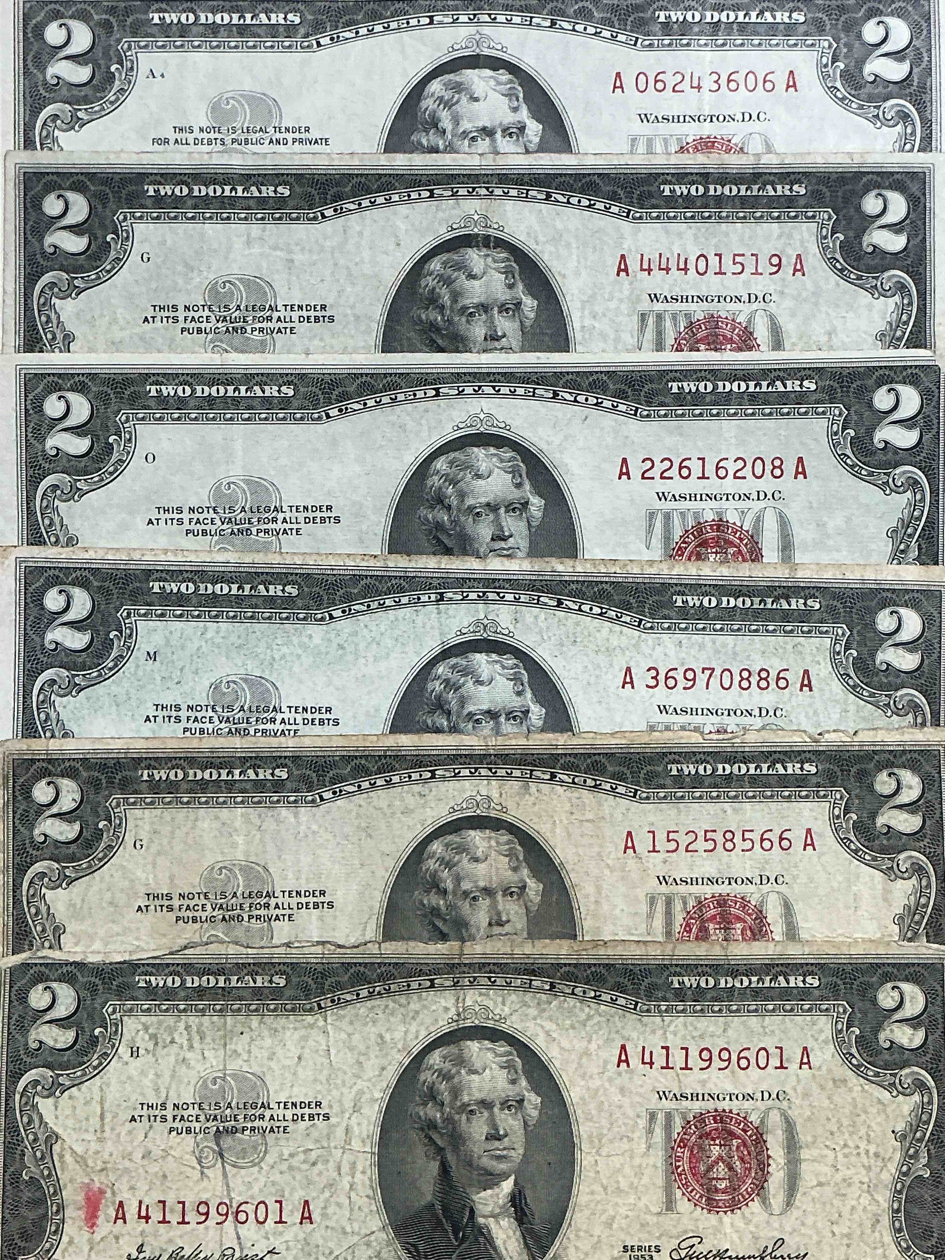 rare red seal two dollar bills! 1953 & 1963 edition paper money! check out these rare bills, perfect addition to any collection!