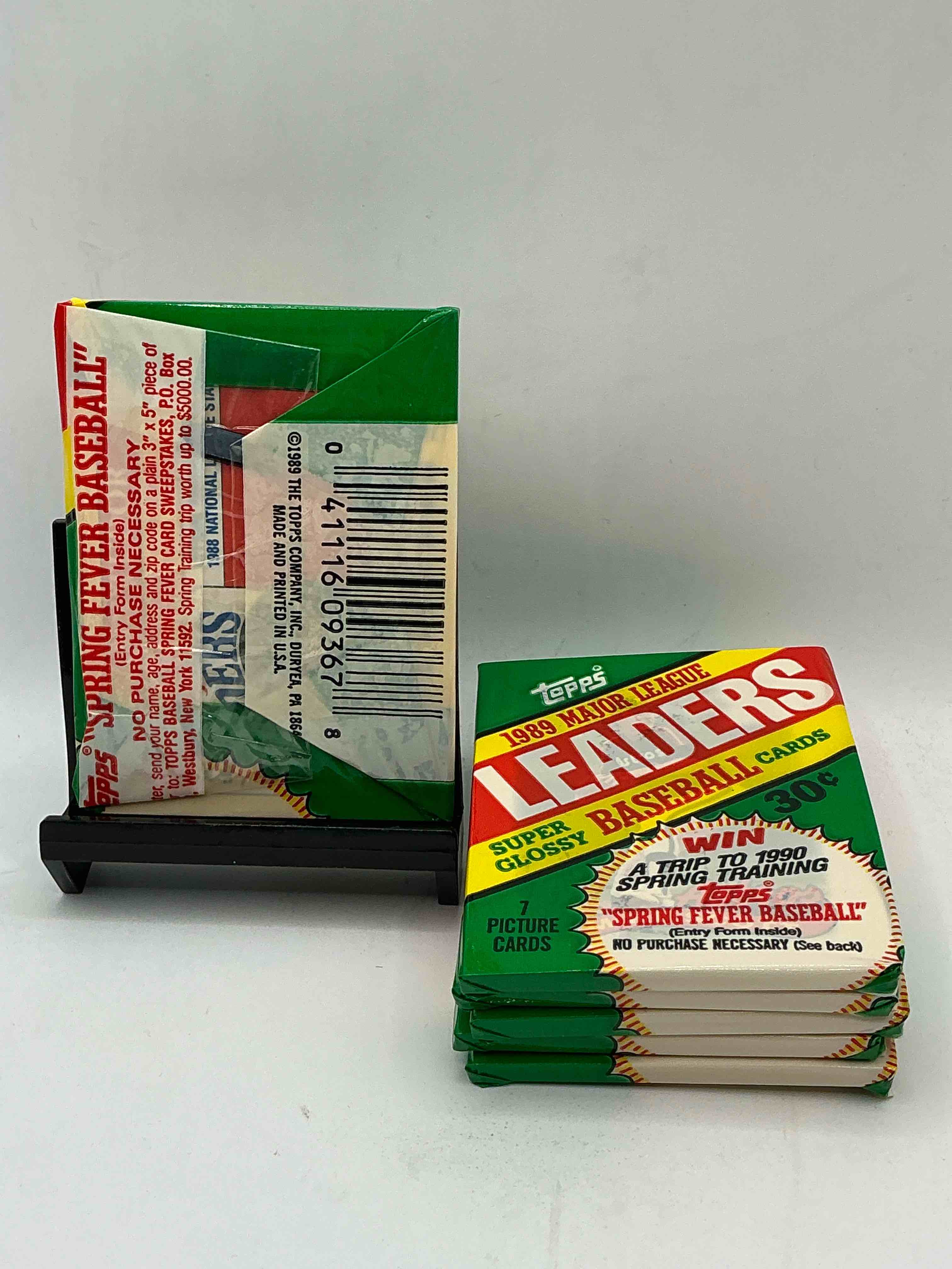 Condition photo showing New/Like New for ultra rare! 1989 "mlb leaders" unopened miniature baseball collectible card packs, 6 cards per pack, direct from original retail case. super rare, impossible to find! like new condition!