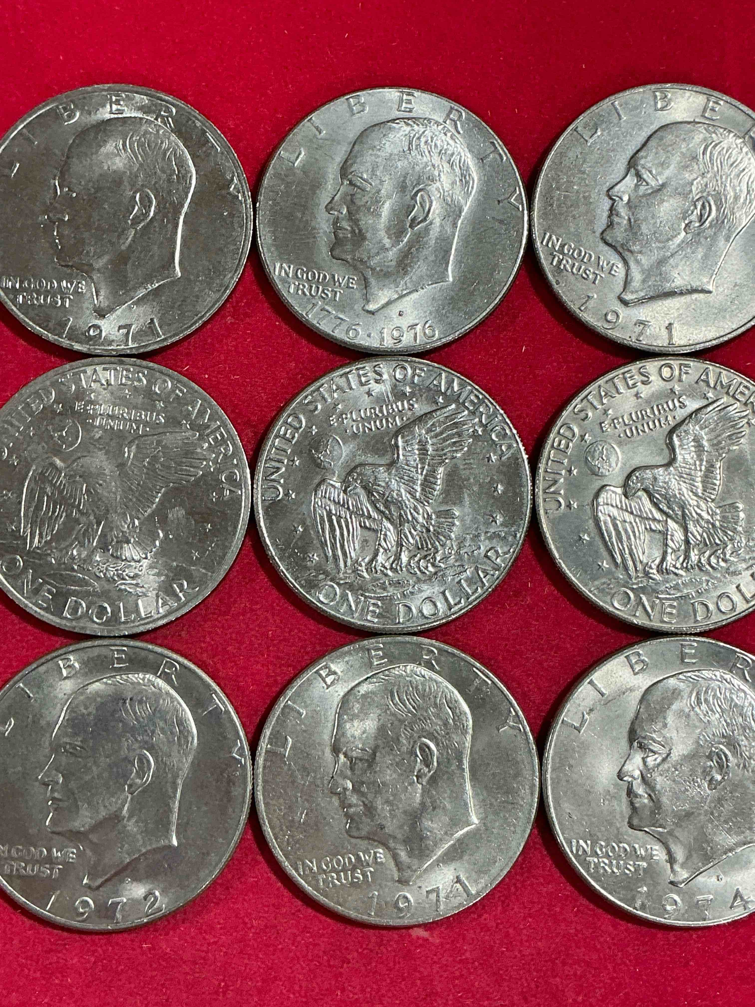 eisenhower dollars! here’s 9 circulated “ike” dollars! up for auction are ike one dollar coins from different years! awesome ike dollars!