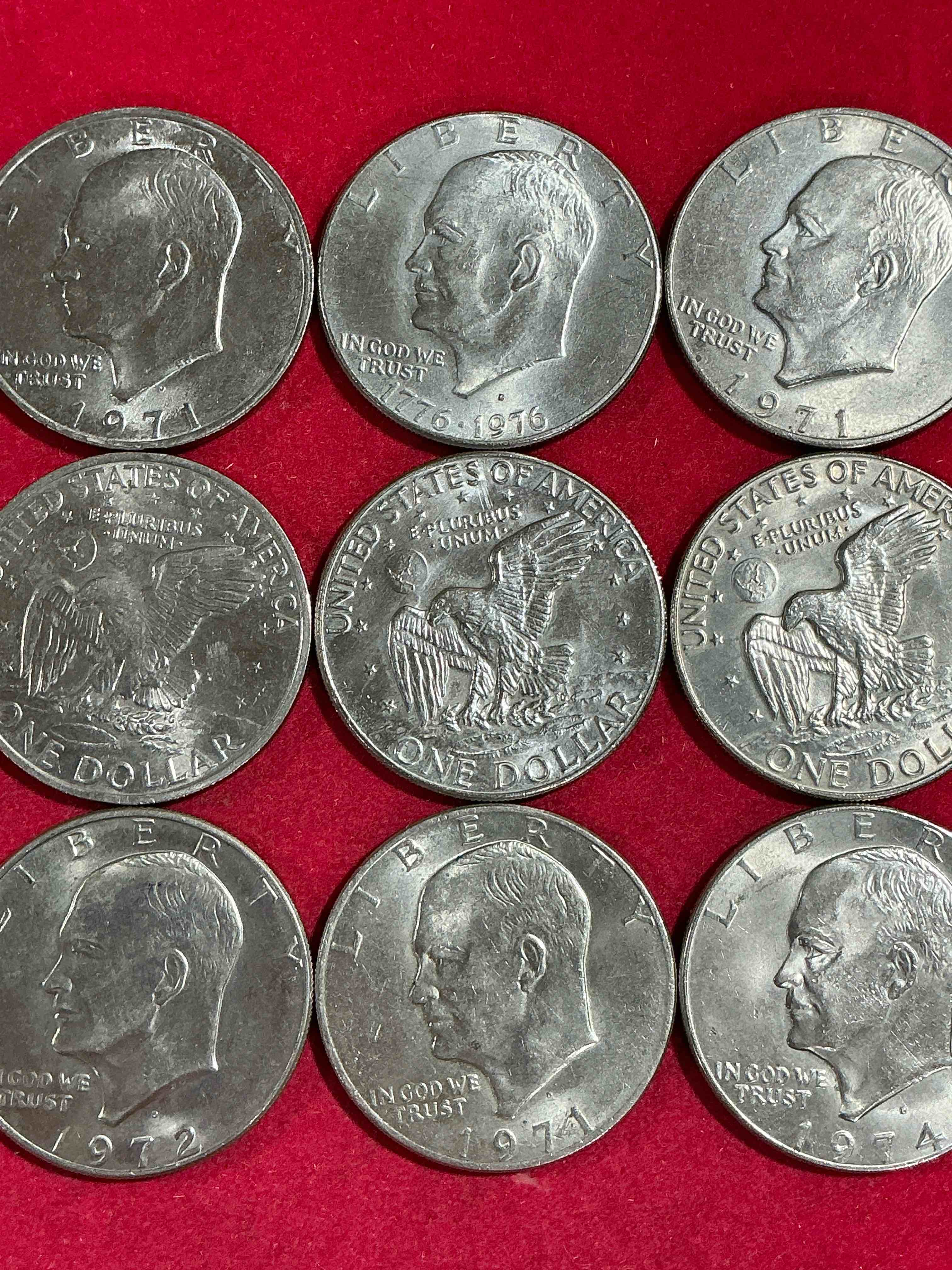 Condition photo showing Good Condition for eisenhower dollars! here’s 9 circulated “ike” dollars! up for auction are ike one dollar coins from different years! awesome ike dollars!
