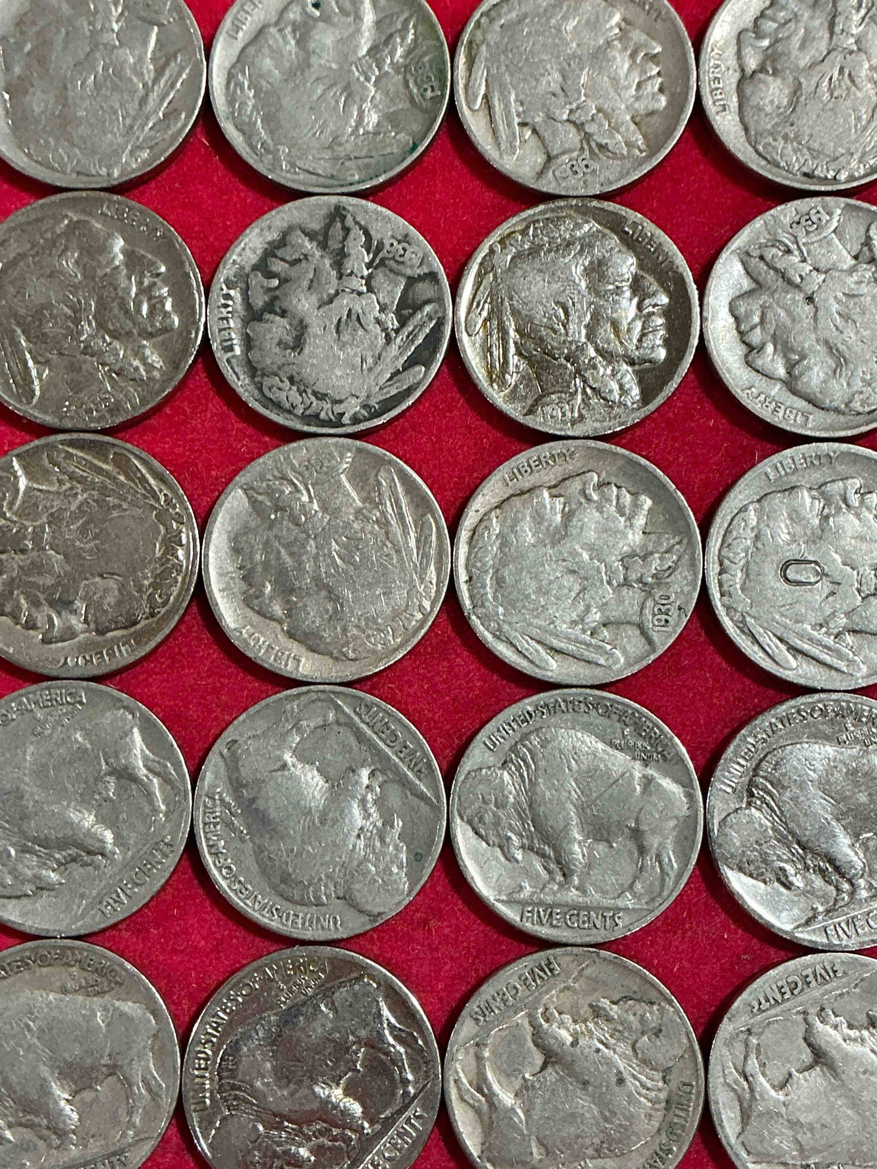Condition photo showing Good Condition for historic buffalo nickels! indian head buffalo nickels were minted from 1913 to 1938 & have become a favorite for coin collectors around the world! own pieces of american history with these cool indian head buffalo nickels in circulated condition, most with visible dates which is very rare for buffalo nickels!