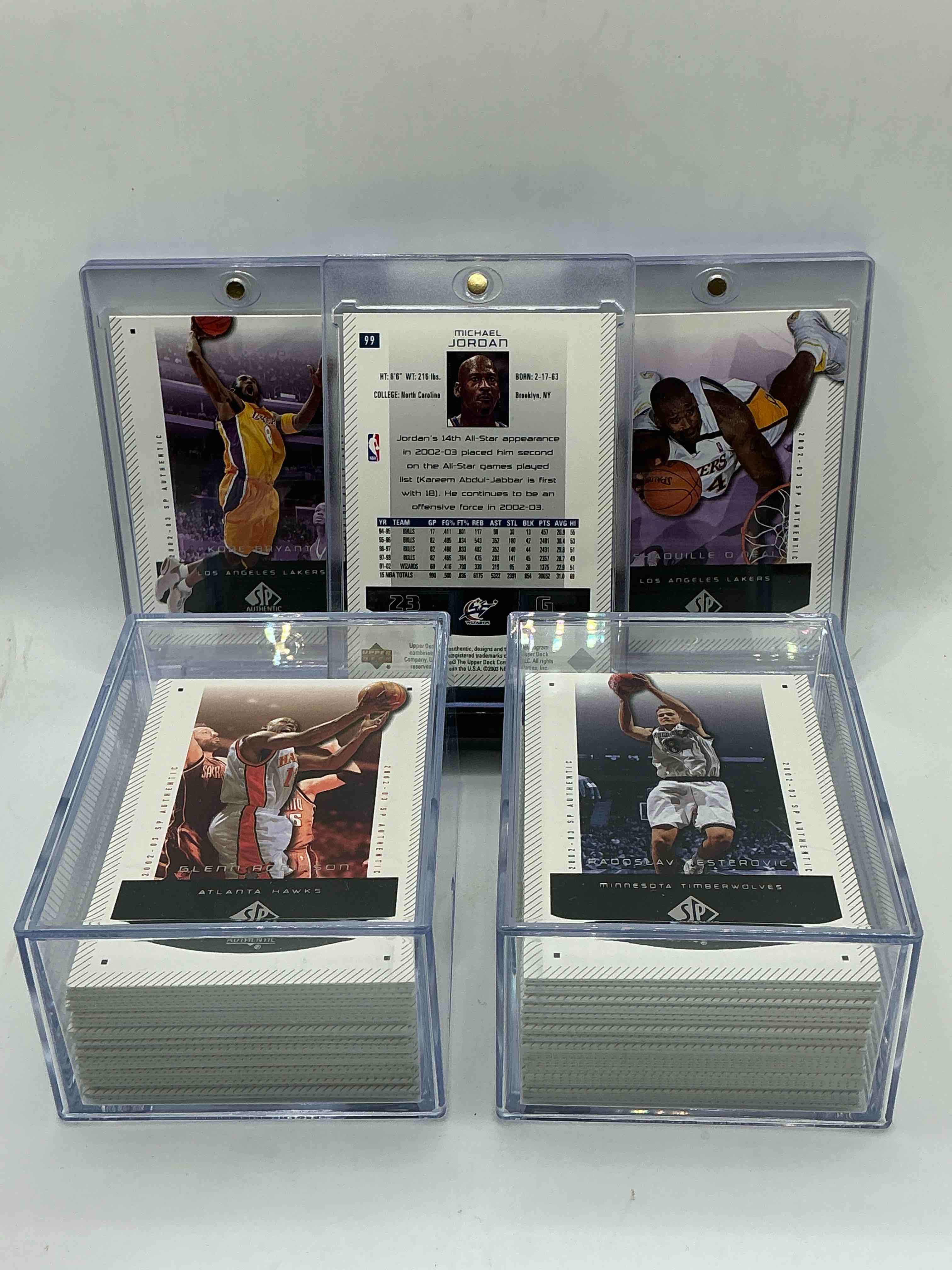 Condition photo showing New/Like New for 2002-03 basketball wow!  super rare upper deck sp authentic nba basketball cards, complete all 100 cards from year!  includes rare key michael jordan & allen iverson cards & so much more!  excellent condition!  a serious, rare, complete collector item! 