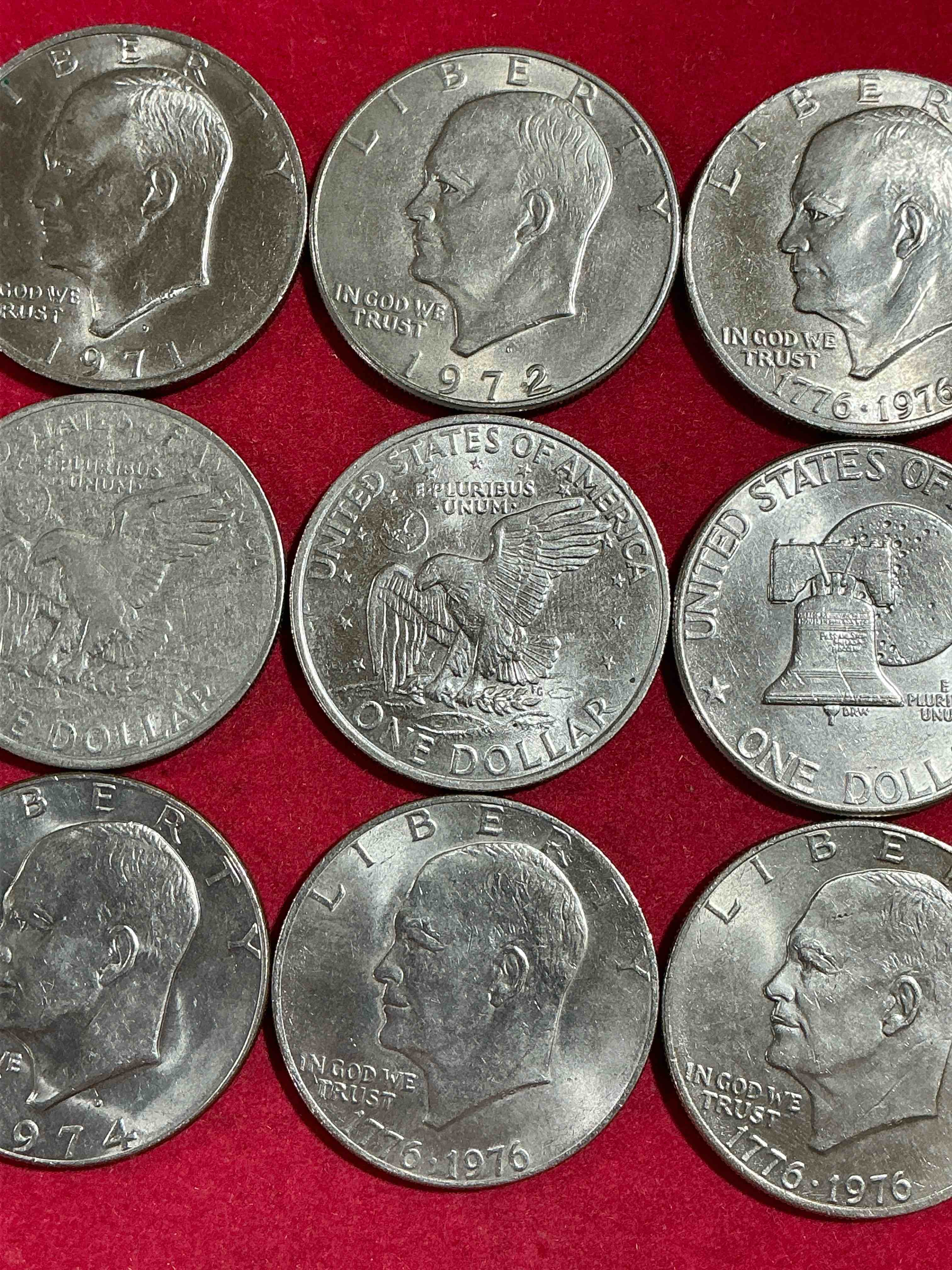 Condition photo showing Good Condition for eisenhower dollars! here’s 9 circulated “ike” dollars! up for auction are ike one dollar coins from different years! 1976! awesome ike dollars!