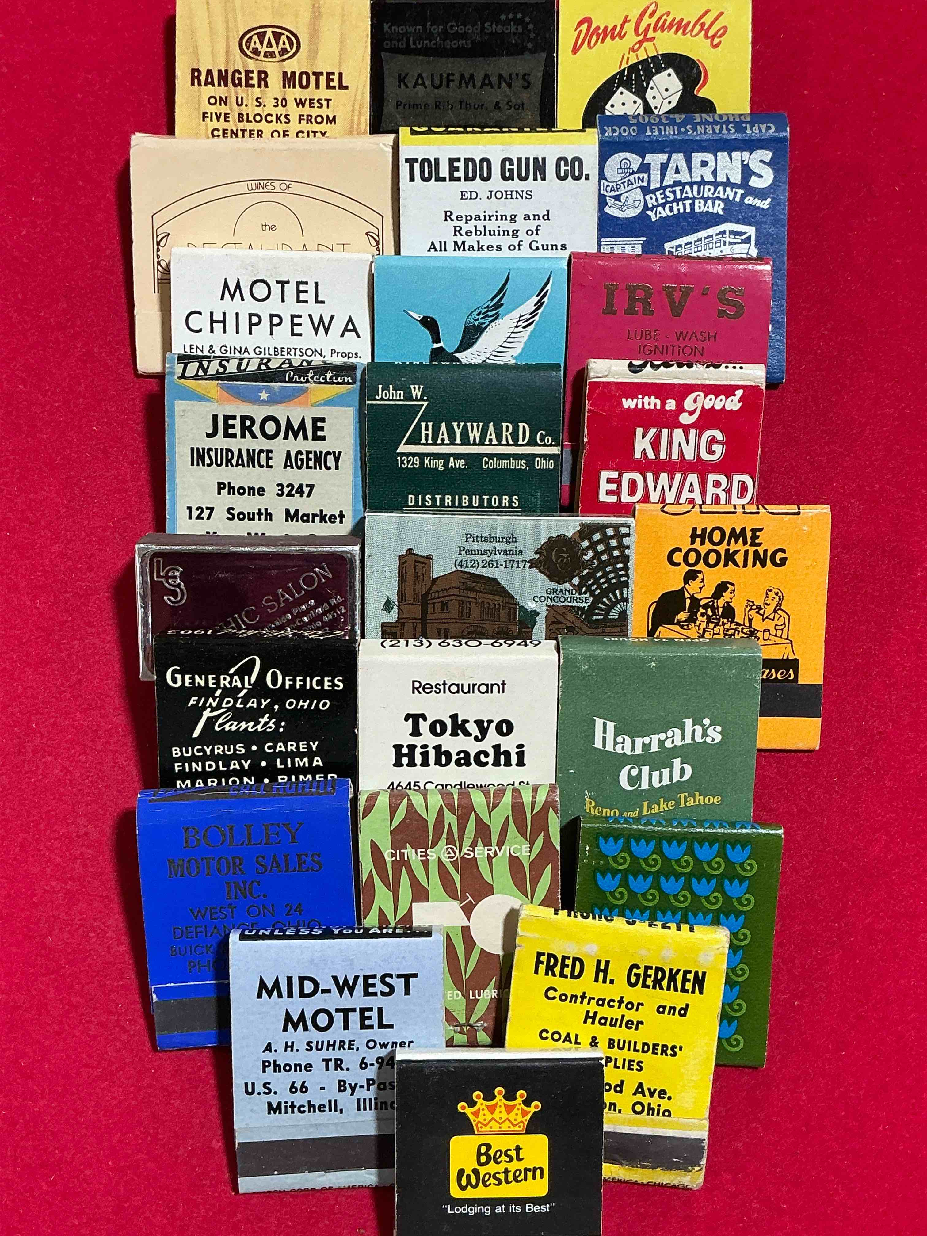 vintage matchbooks! a crazy hard to collect collection of matchbooks from all over, many from places that no longer exist! collection spans decades & decades! most books are complete with all matches! one of a kind collection! all original & impossible to find anywhere else!