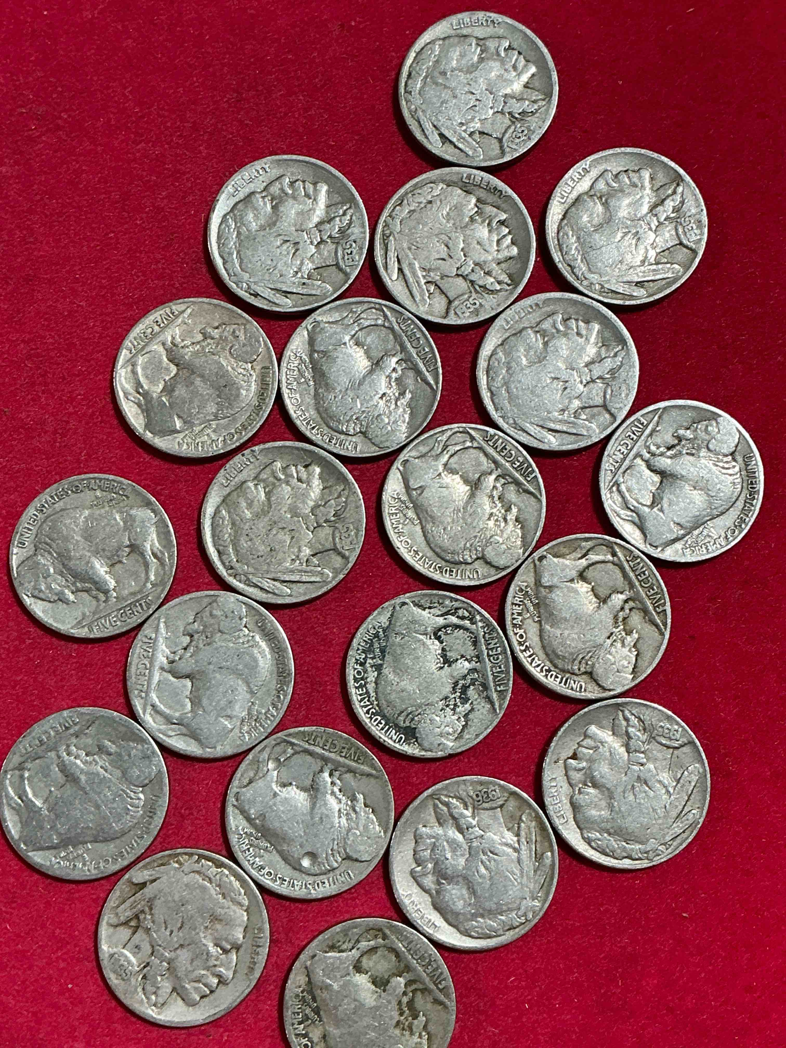 Condition photo showing Good Condition for historic buffalo nickels! indian head buffalo nickels were minted from 1913 to 1938 & have become a favorite for coin collectors around the world! own pieces of american history with these cool indian head buffalo nickels in circulated condition, most with visible dates which is very rare for buffalo nickels!