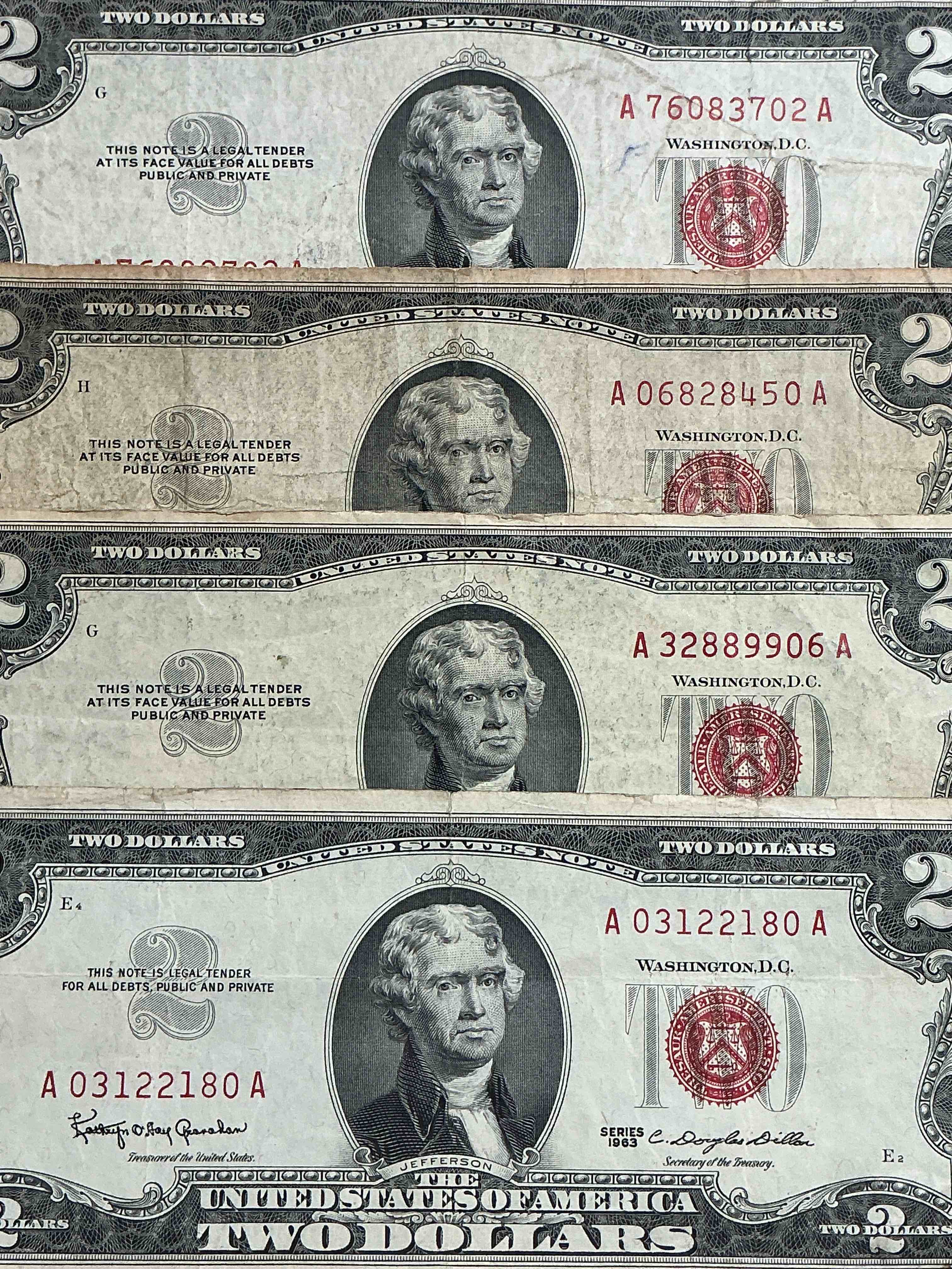 rare red seal two dollar bills! 1953 & 1963 edition paper money! check out these rare bills, perfect addition to any collection!