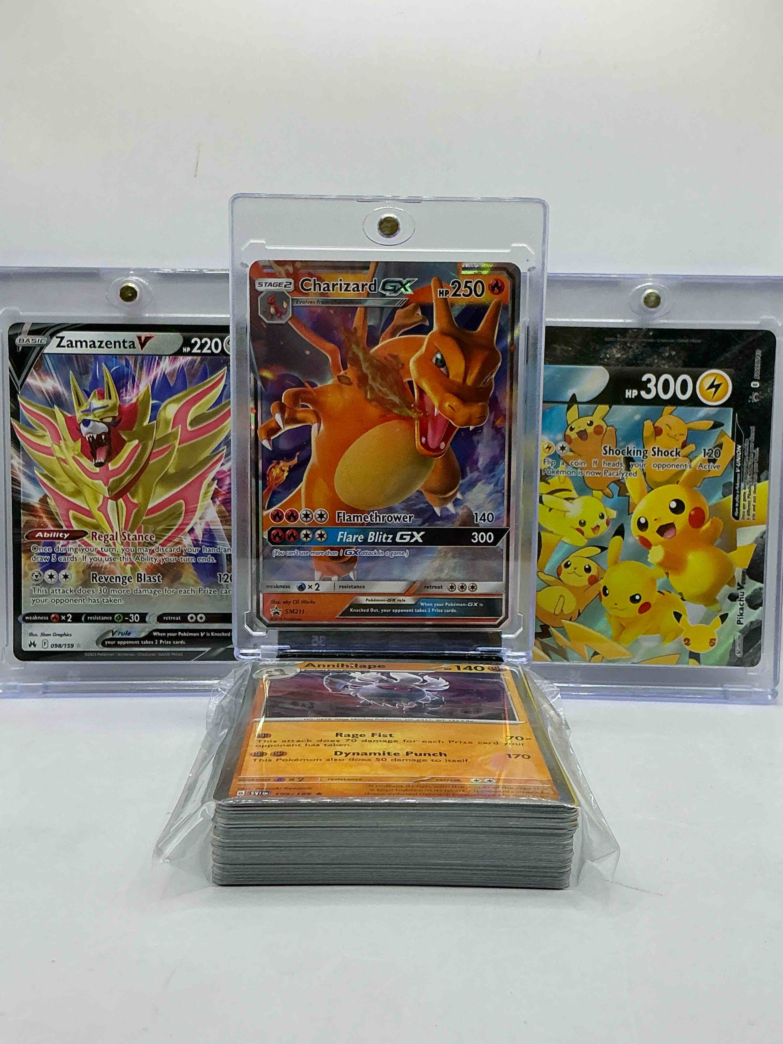 charizard gx, pikachu v & more! pokémon party! along with 50 other pokémon heroes, holos, legends & commons- including holographic cards, stage 2 cards, holos in all forms & more! also includes 36 non holo common/ uncommon basic & first stage cards trainers & energy too! perfect set for collectors & enthusiasts!