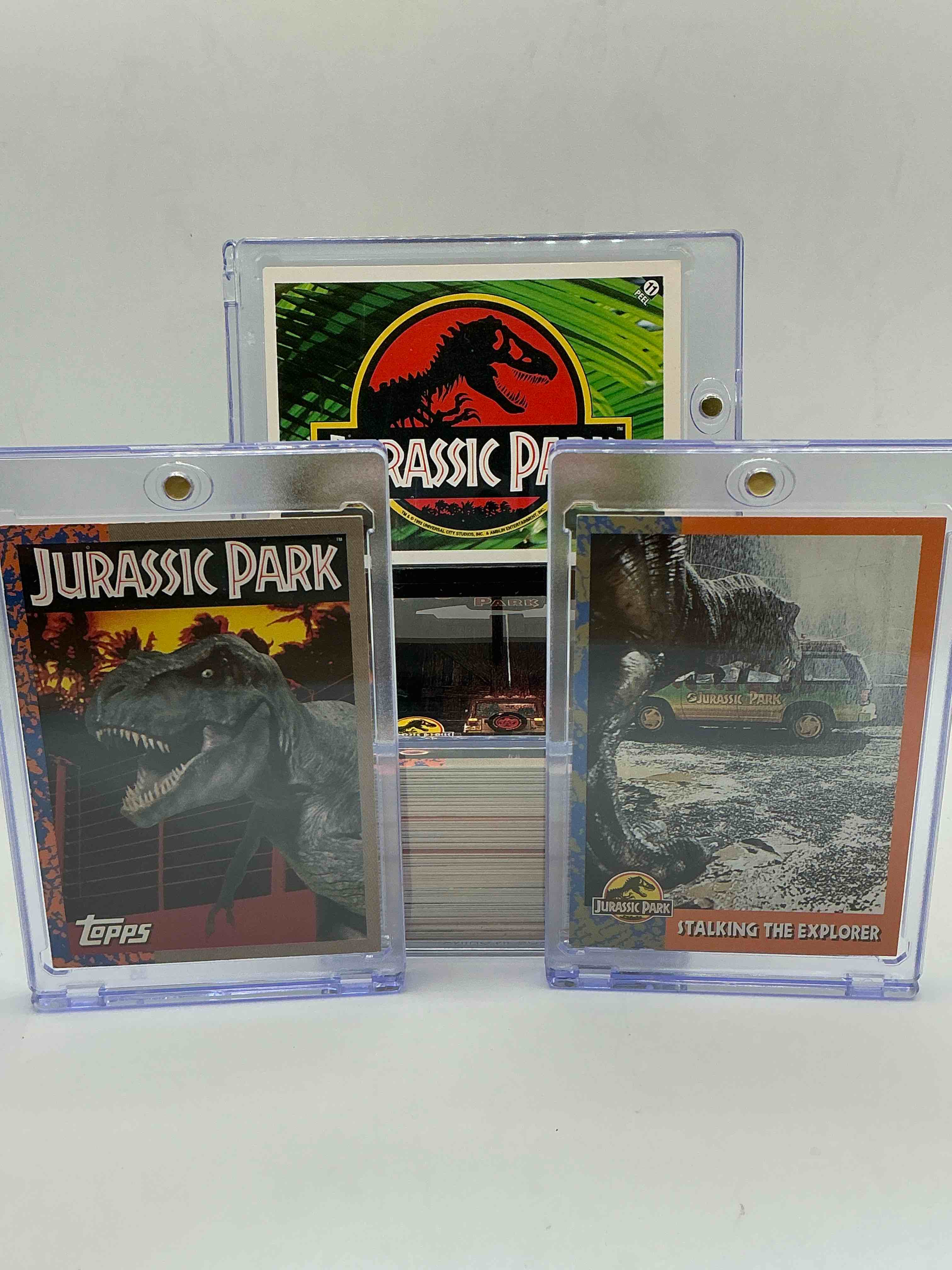1993 dinosaur history! complete, authentic, original jurassic park movie cards & stickers excellent condition! own a piece of spielberg’s masterpiece! a serious pop culture collector item & very rare & hard to find with all 88 cards & 11 stickers!