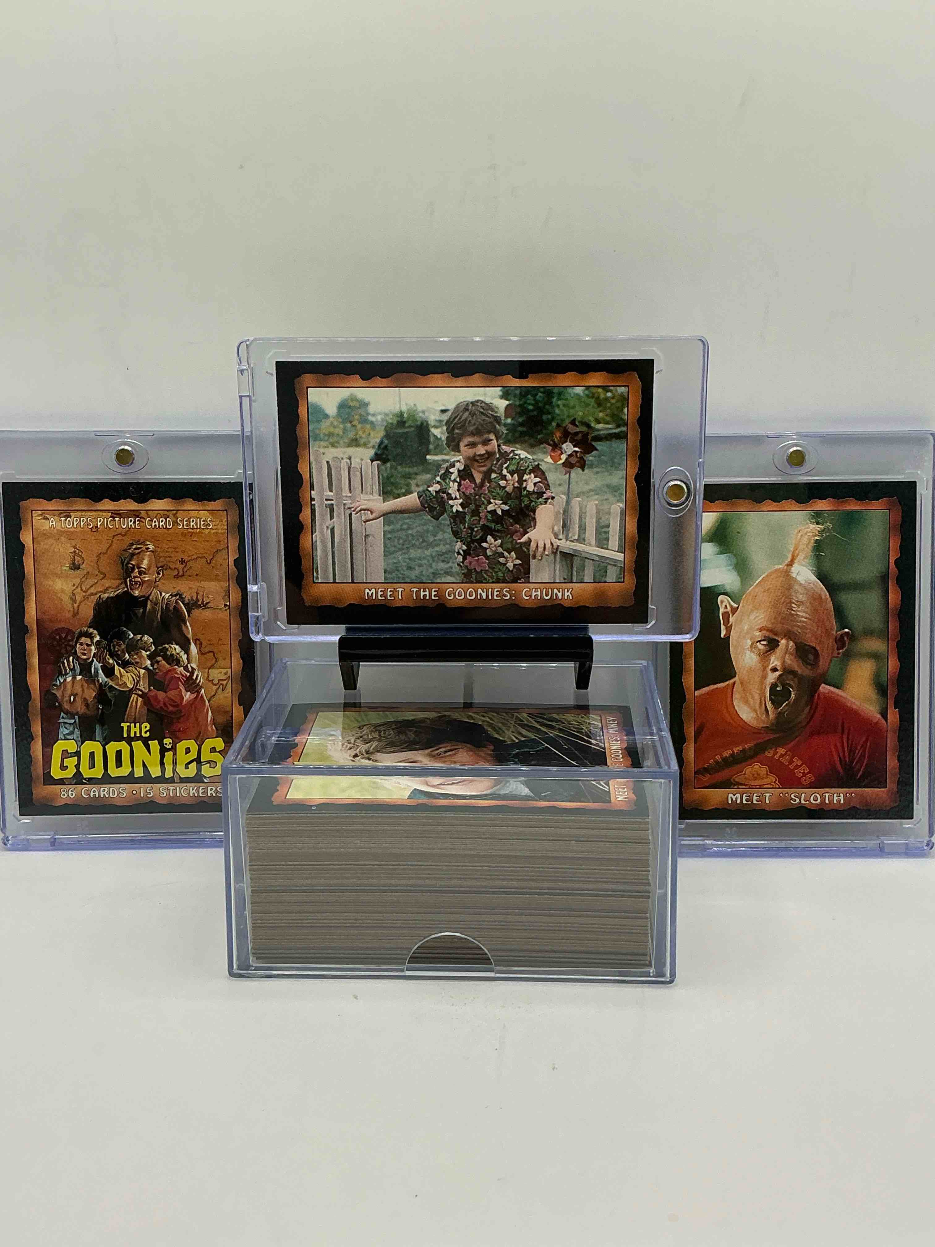 1985 goonies wow!  complete, original & authentic “goonies” movie trading card set, all 86 cards included complete!  excellent condition!  this set is a serious pop culture collectible, ultra rare complete & in this great condition!  your chance to own a little “piece of the 80’s” & have some collectible fun with chunk, sloth & the rest of the gang!