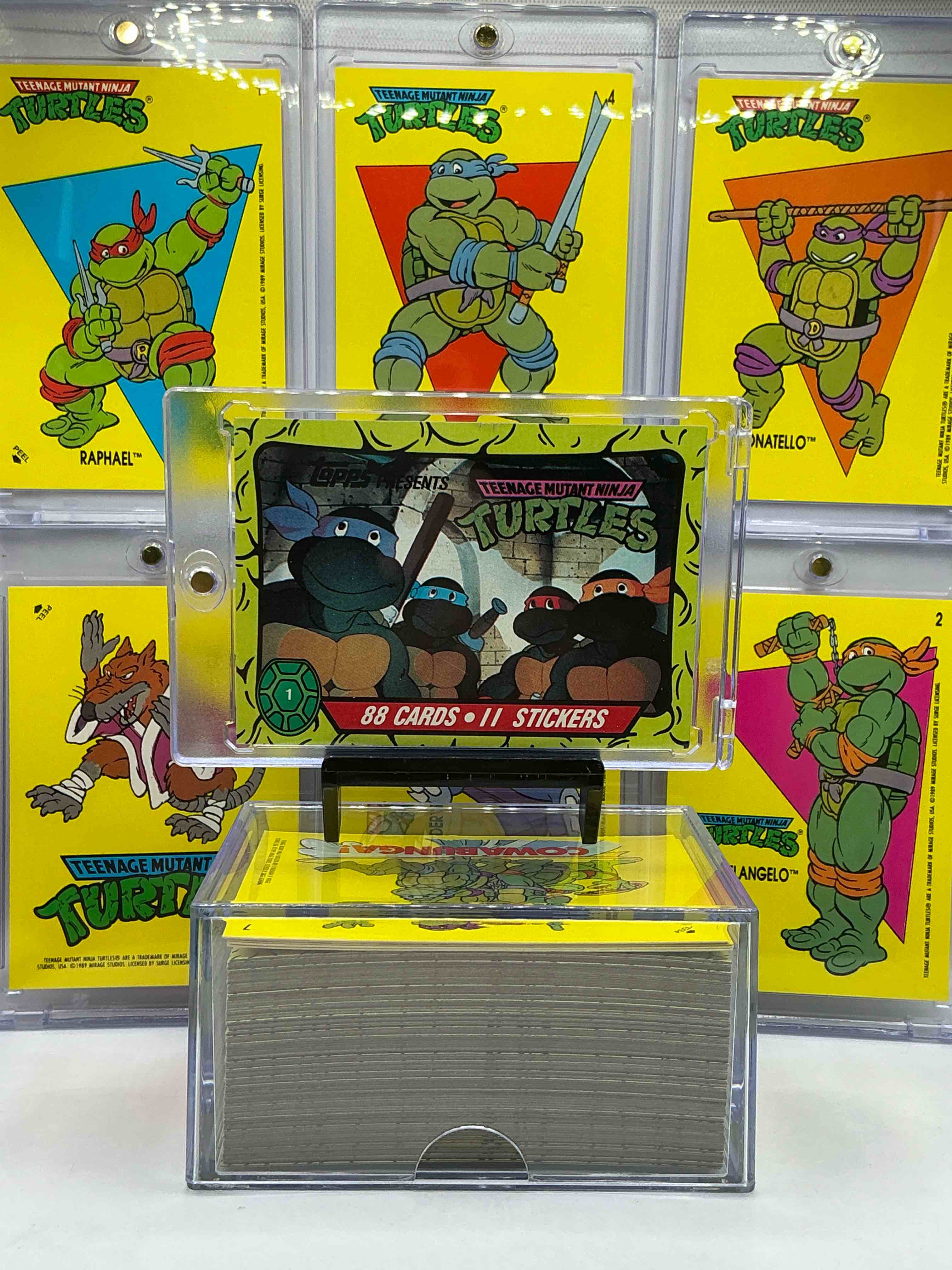 Condition photo showing New/Like New for 1989 ninja turtle wow!  totally complete original, authentic teenage mutant ninja turtles complete trading card & stickers!  all 88 cards & 11 stickers included, for a total qty of 99! excellent condition!  your chance to own a genuine tmnt original serious collectible! 