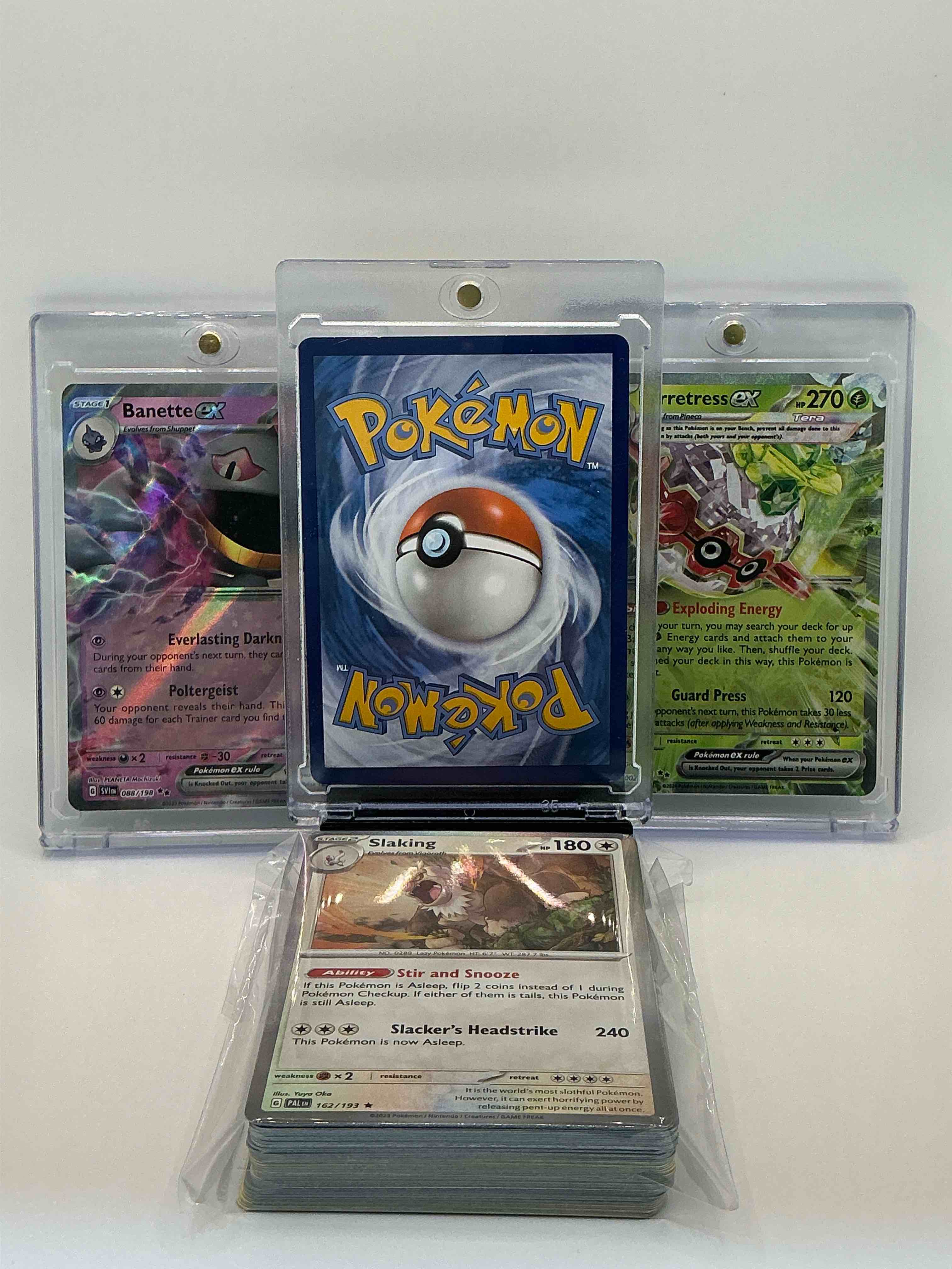 Condition photo showing New/Like New for skeledirge ex! forretress ex! banette ex! along with 50 other pokémon heroes, holos, legends & commons- including holographic cards, stage 2 cards, holos in all forms & more! also includes 36 non holo common/ uncommon basic & first stage cards trainers & energy too! perfect set for collectors & enthusiasts!